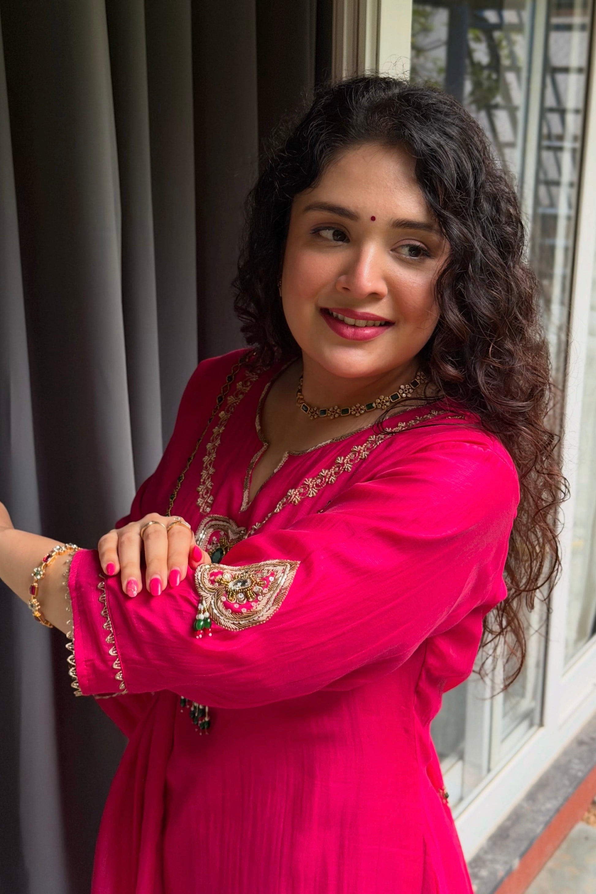 ✨”Falak - Premium Rani Mul Chanderi A-Line Kurta Set