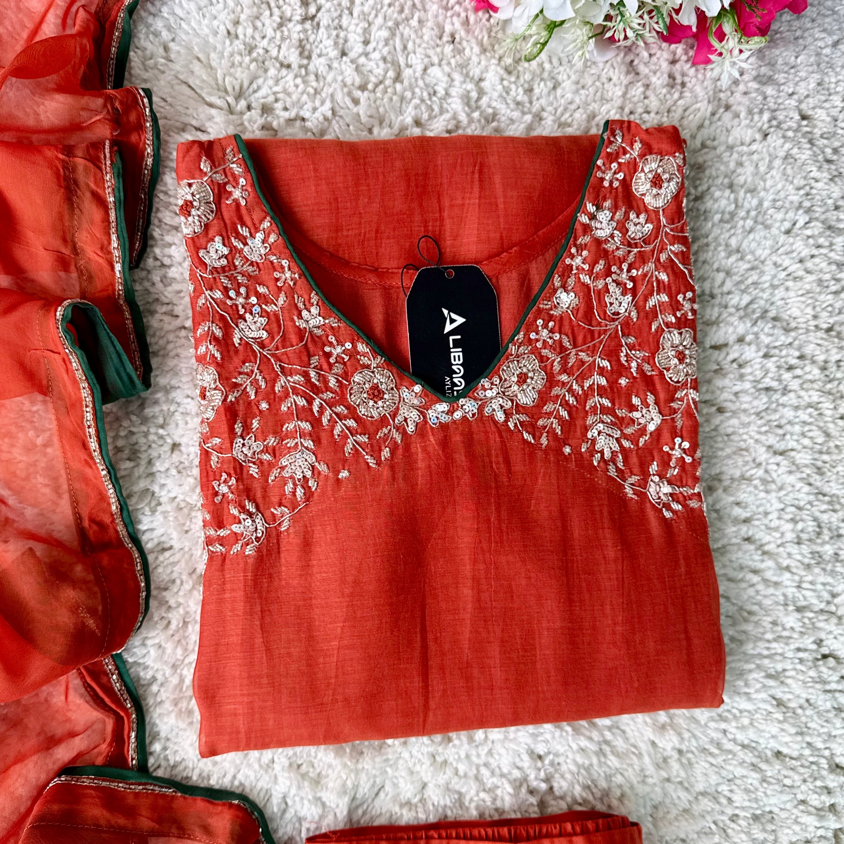 ✨Myra - Premium Orange Mul Chanderi A-Line Anarkali Kurta set