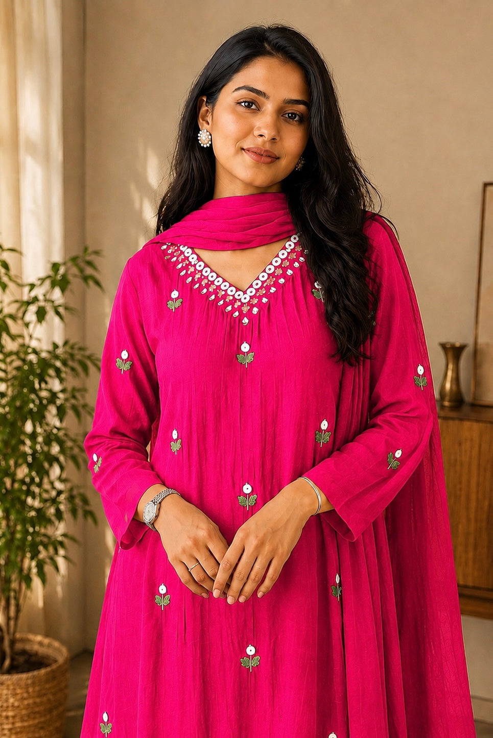 ✨”Ruby - Premium Pink Mul Chanderi A-Line Kurta Set