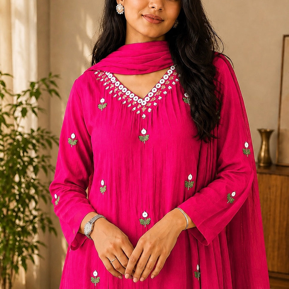 ✨”Ruby - Premium Pink Mul Chanderi A-Line Kurta Set