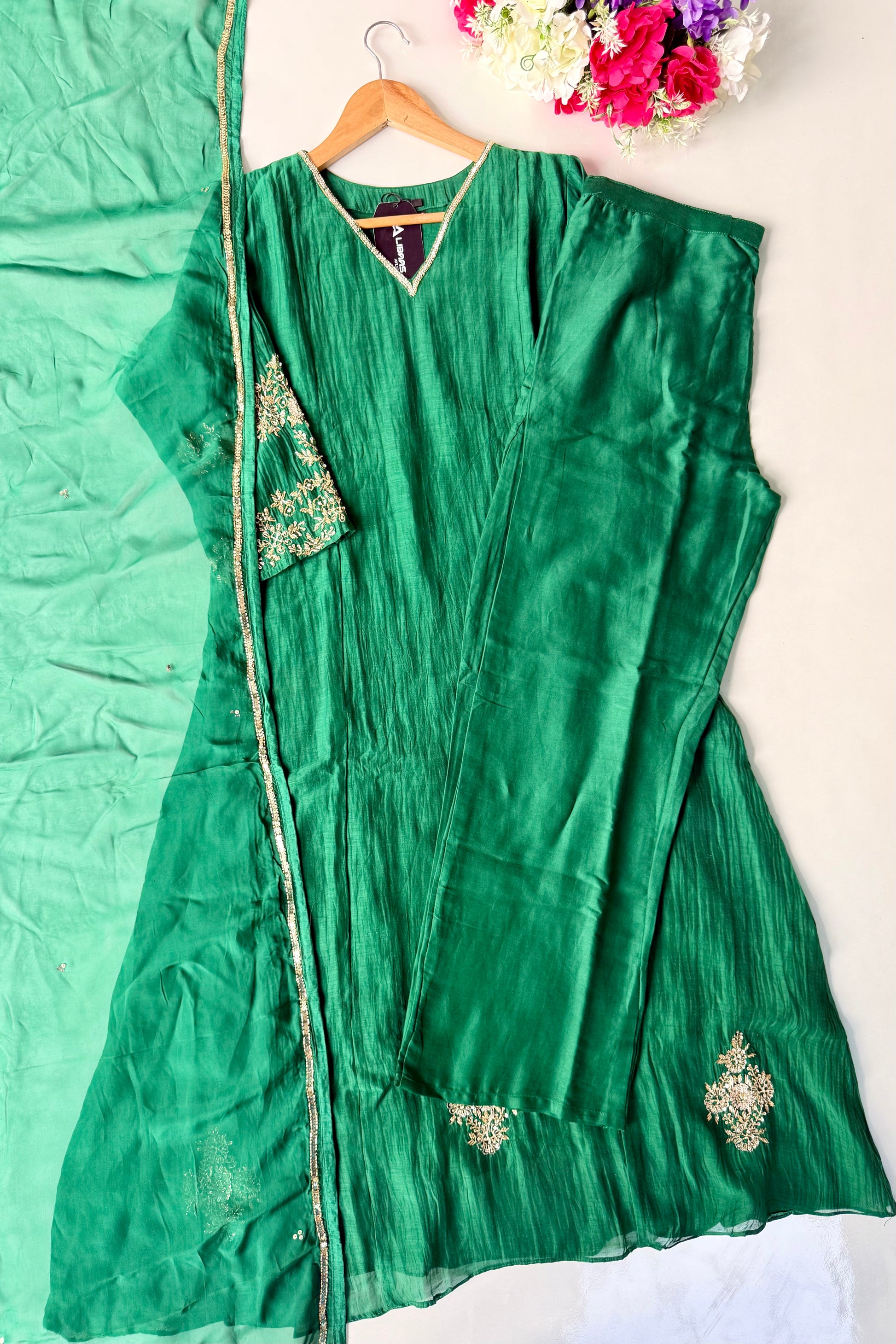 ✨”Amaya - Premium Green Mul Chanderi A-Line Kurta Set