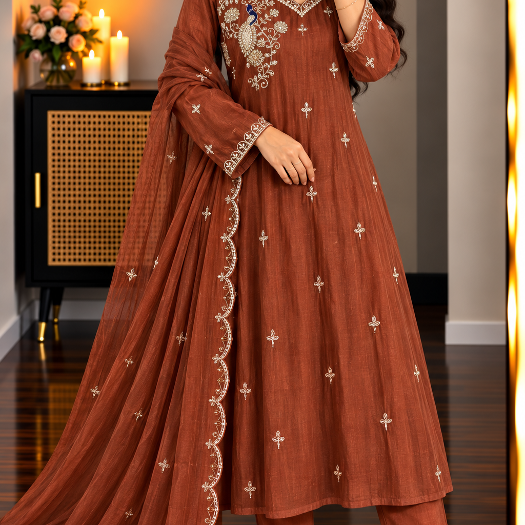✨Norah- Premium Chocolate Brown Mul Chanderi A Line Kurta Set ✨