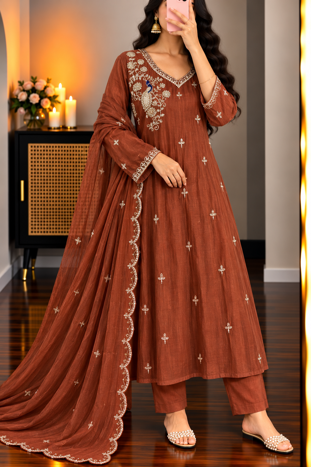 ✨Norah- Premium Chocolate Brown Mul Chanderi A Line Kurta Set ✨