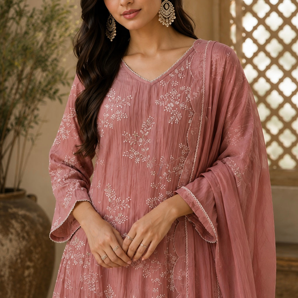 “Elina” Blossom Pink Crushed Chanderi A Line Suit set 🛍️
