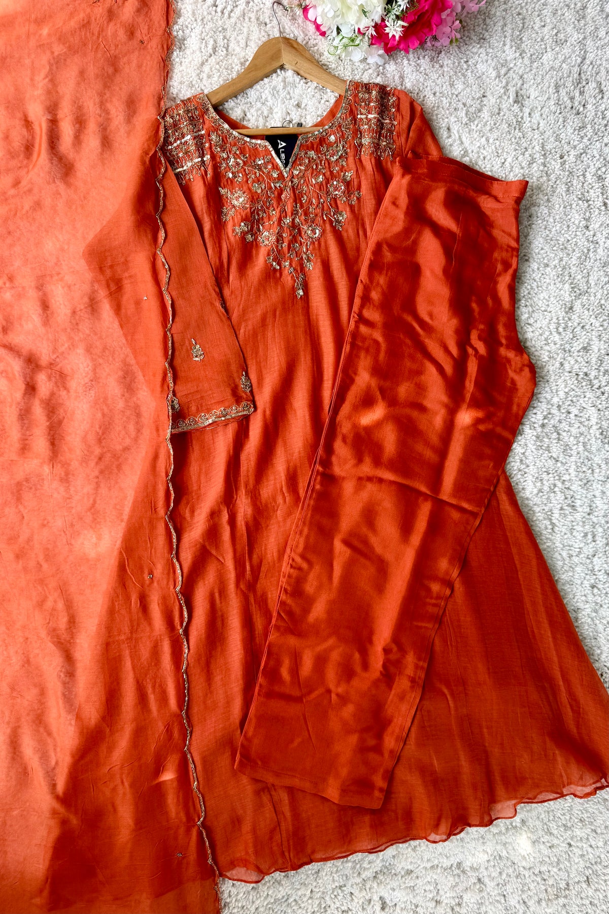✨Daisy - Premium Ornage Mul Chanderi A-Line Anarkali Kurta set