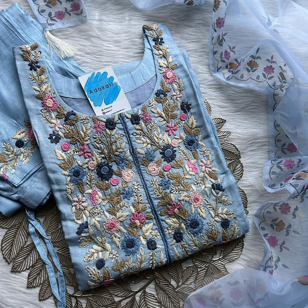 “Meera” Beautifully handcrafted dola silk kurta bottom dupatta set