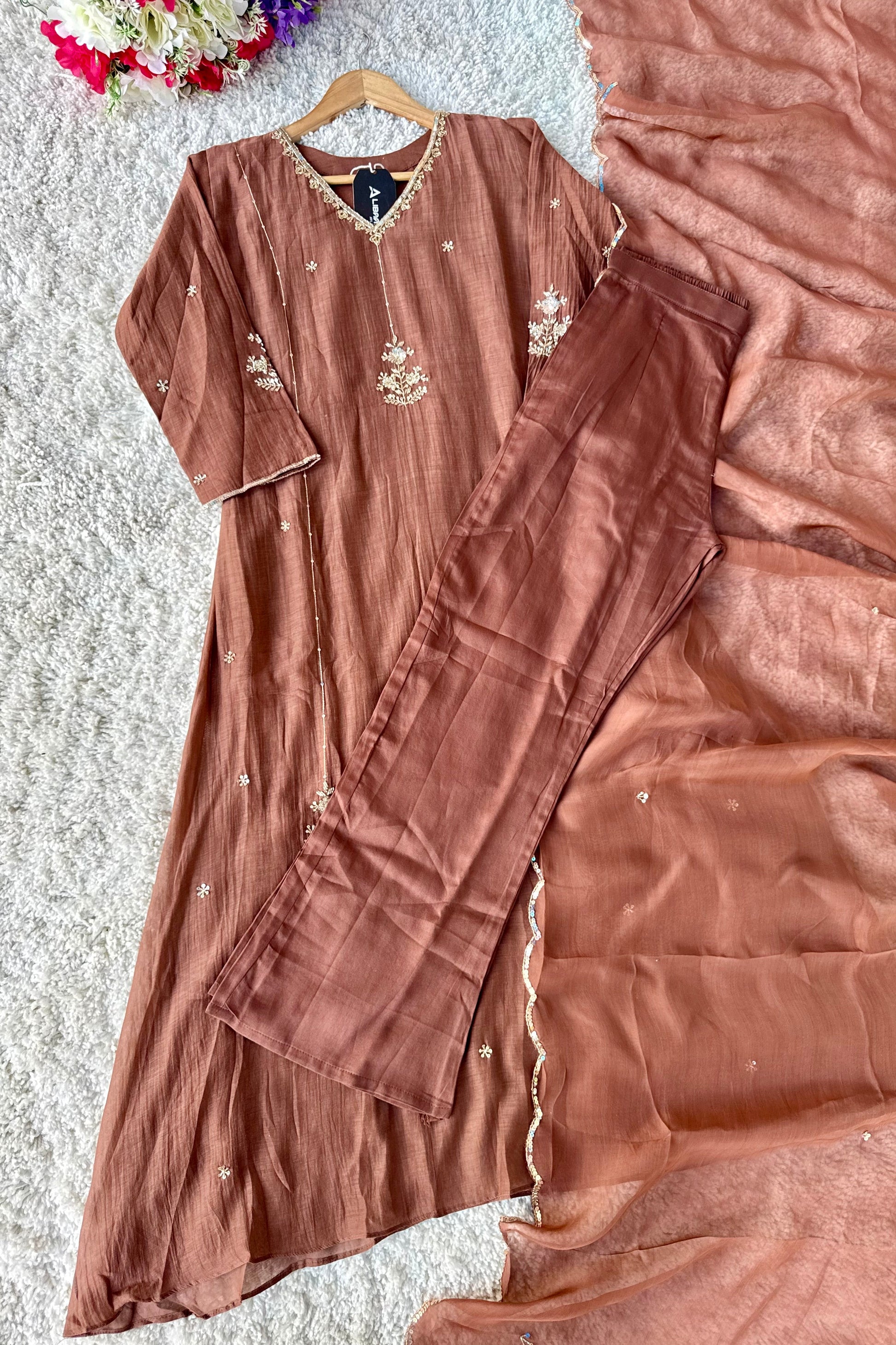 ”Grace- Premium Rich Brown Mul Chanderi Kurta Set 🛍️