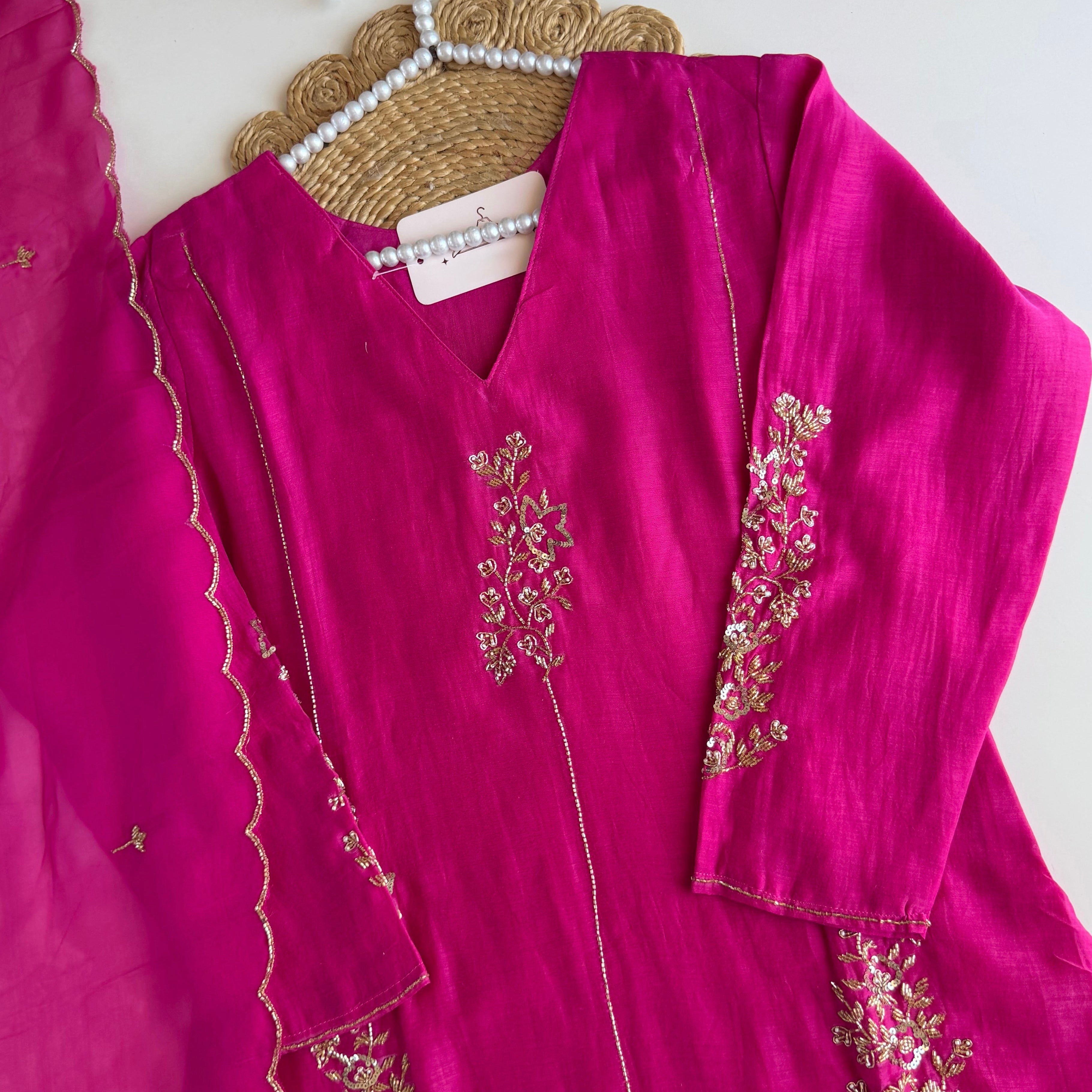 ✨”Rida - Premium Pink Mul Chanderi A-Line Kurta Set