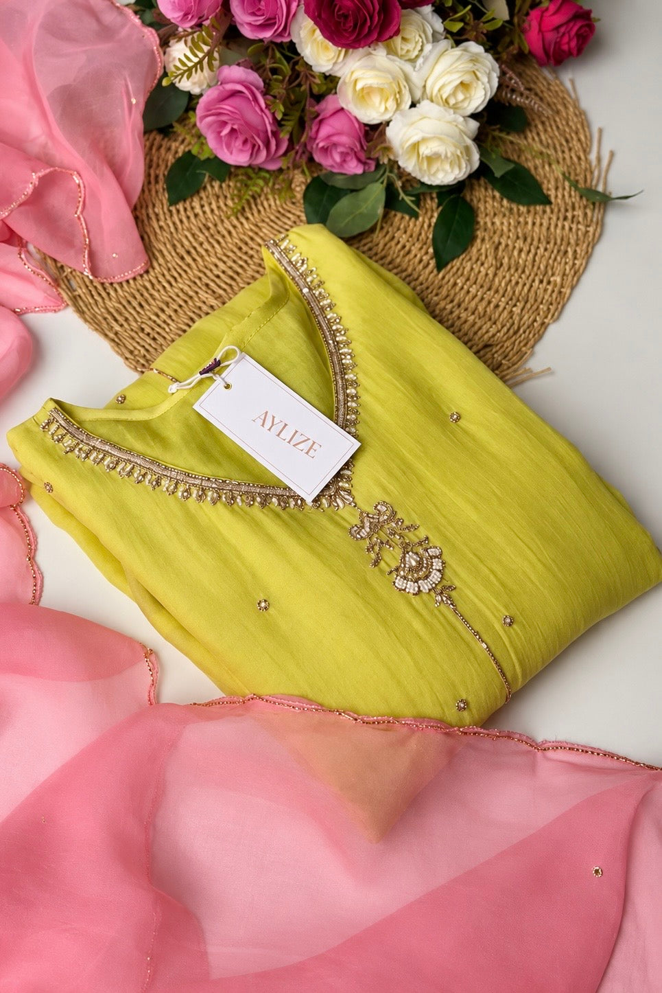 🛍️ Chandni - Pre book Lime Green Mul Chanderi A Line Suit set