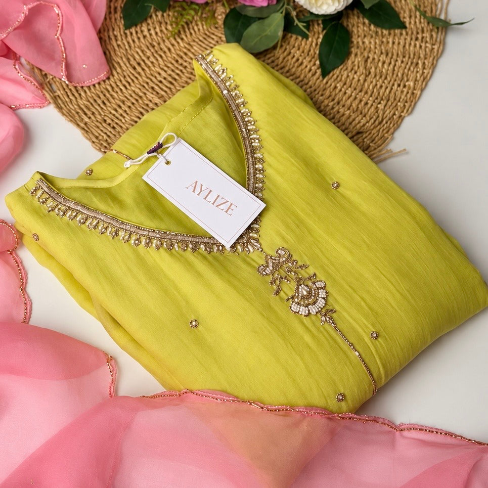 🛍️ Chandni - Lime Green Mul Chanderi A Line Suit set