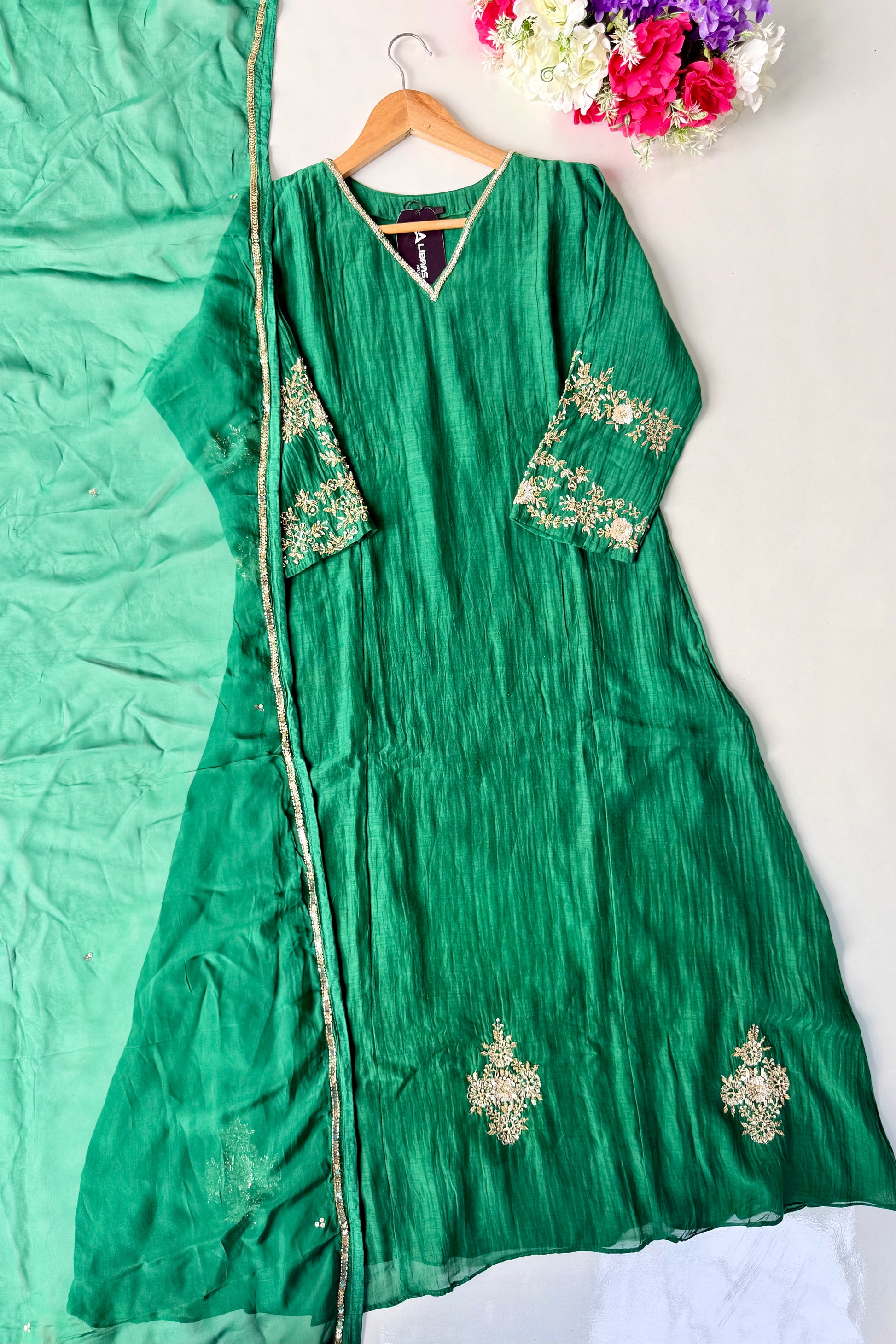 ✨”Amaya - Premium Green Mul Chanderi A-Line Kurta Set