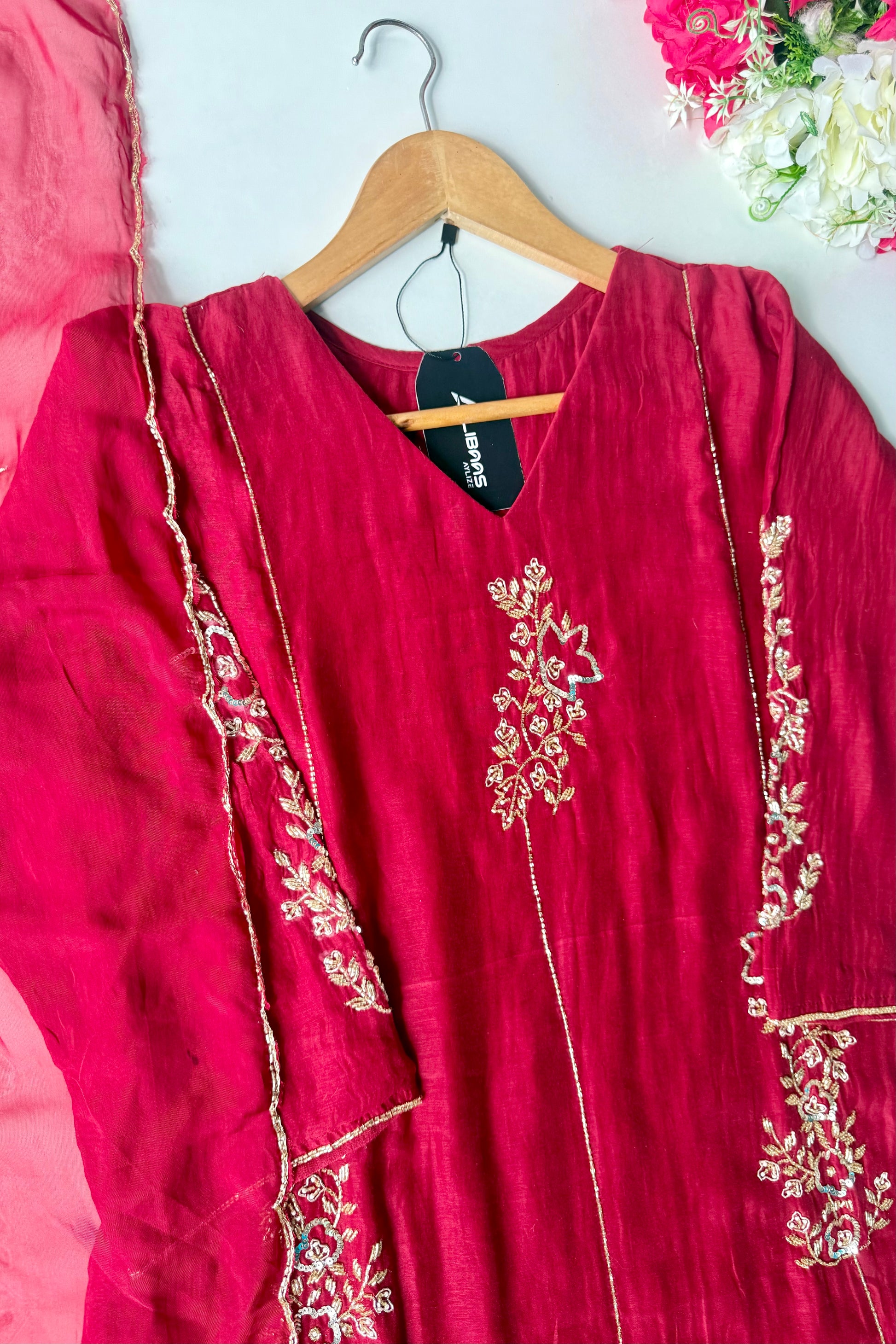 ✨”Rida - Premium Red Mul Chanderi A-Line Kurta Set
