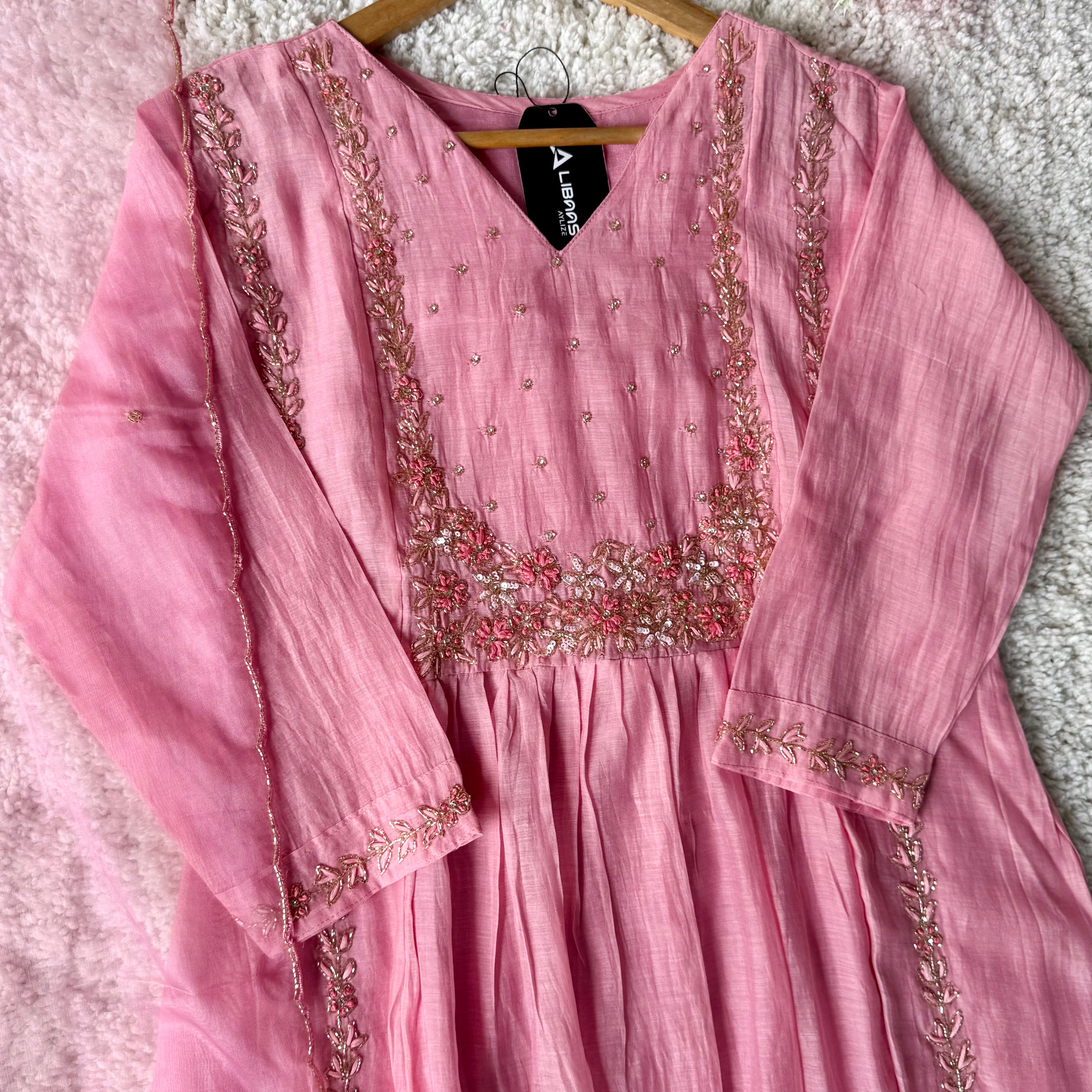 “Ayza” Premium Blush Rose Pink  Mul Chanderi A Line Suit set