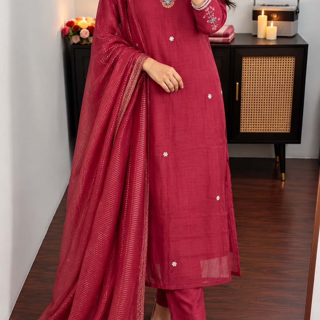 “Bindiya” Deep Rose Mul Chanderi Stright kurta set