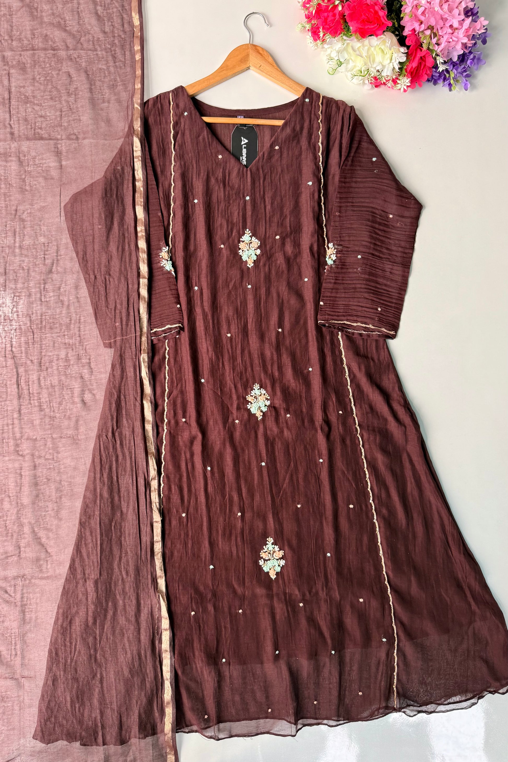 ✨Myra - Brown Mul Chanderi A-Line Anarkali Kurta set