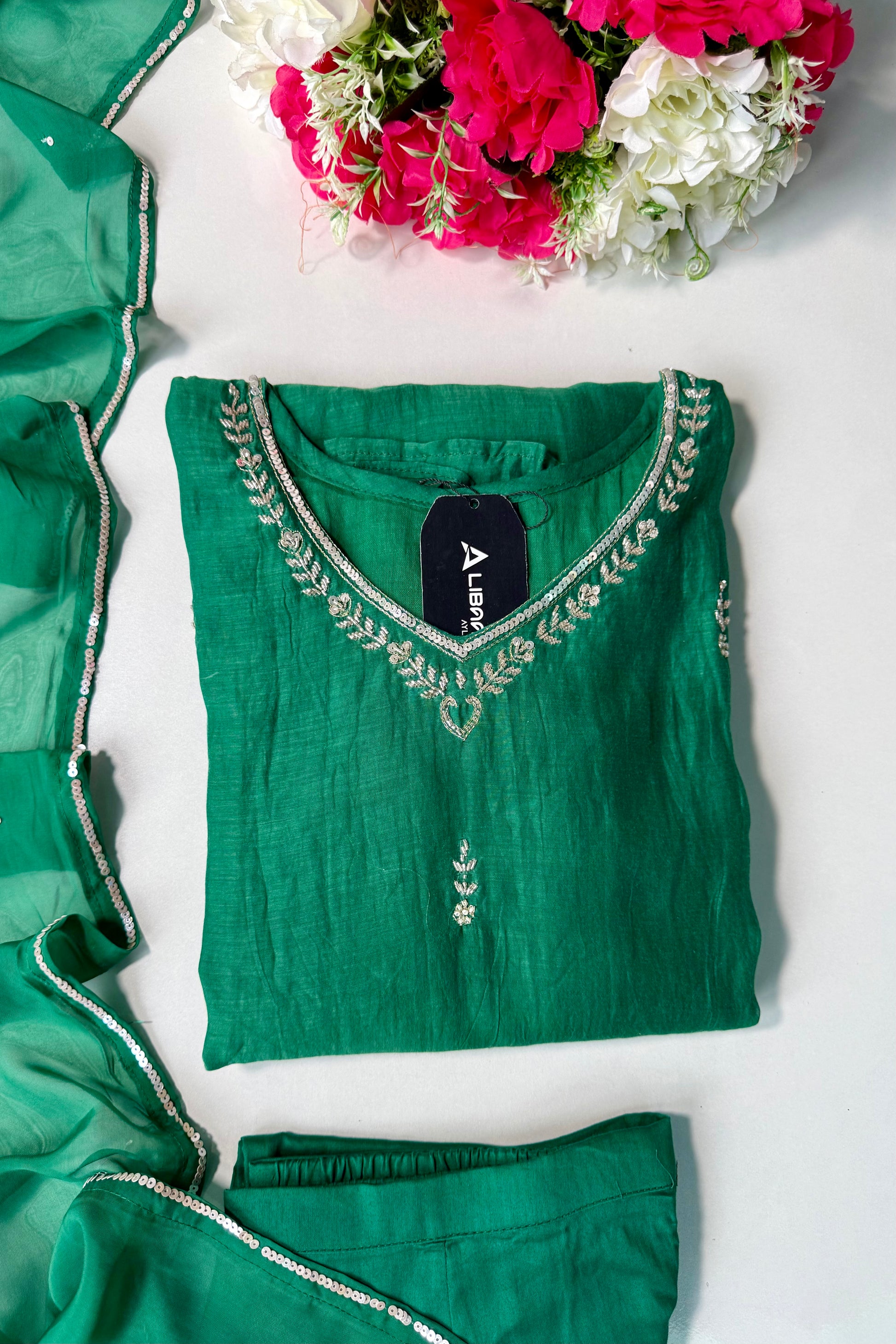 ✨”Eshal - Premium Green Mul Chanderi A-Line Kurta Set