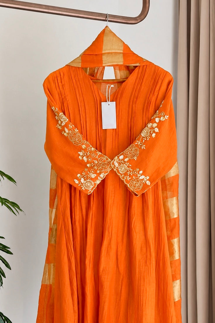 🛍️”Az025 – Premium Orange Banaras Mul Chanderi A Line Kurta Set