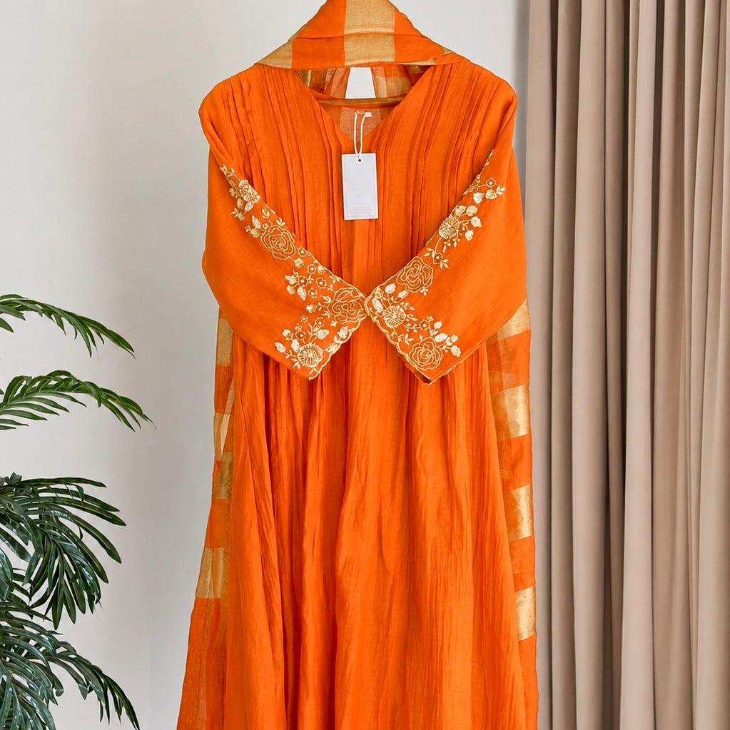 🛍️”Az025 – Premium Orange Banaras Mul Chanderi A Line Kurta Set