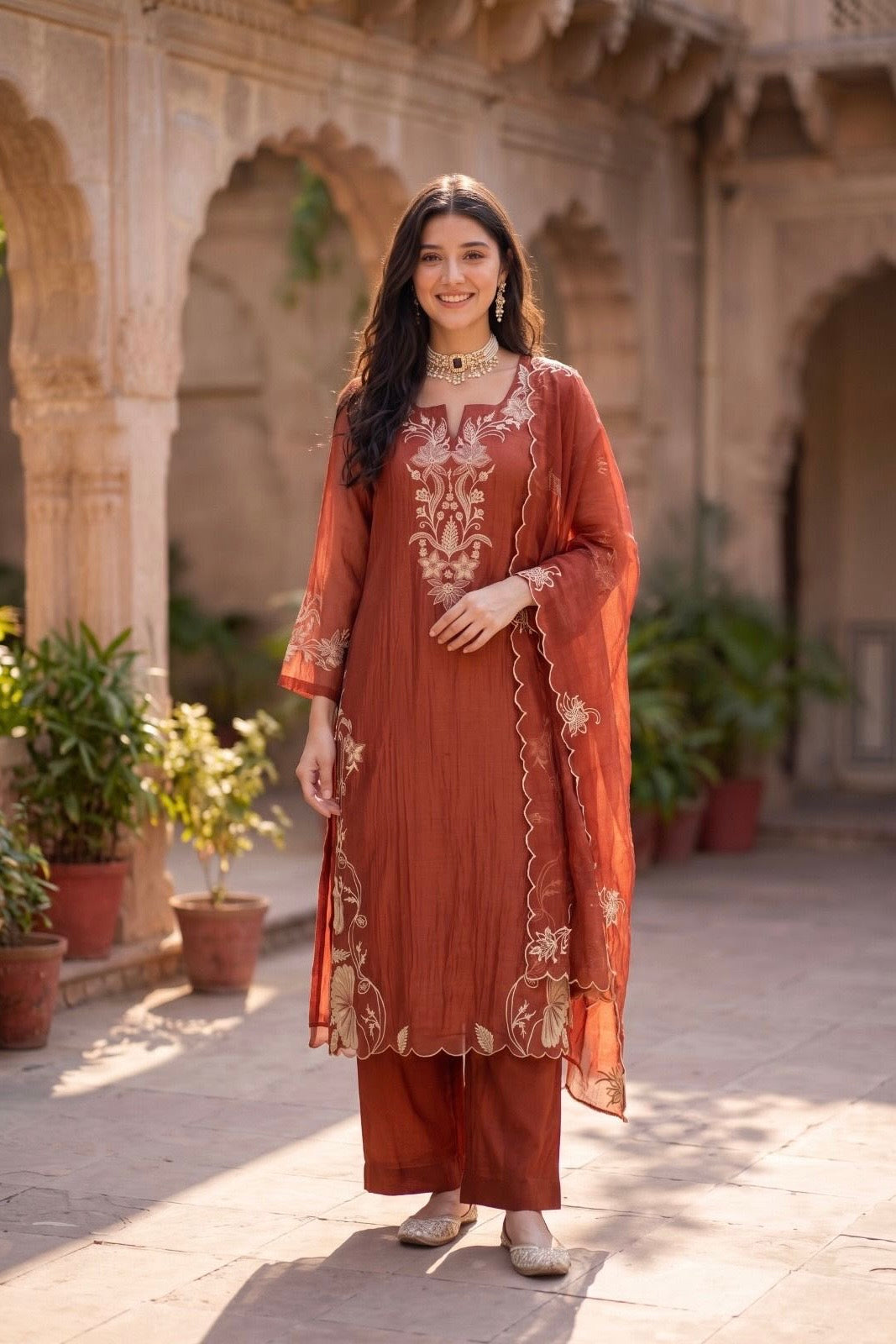 ✨Navira - Rust Banaras mul chanderi Embroidered Straight Kurta Set