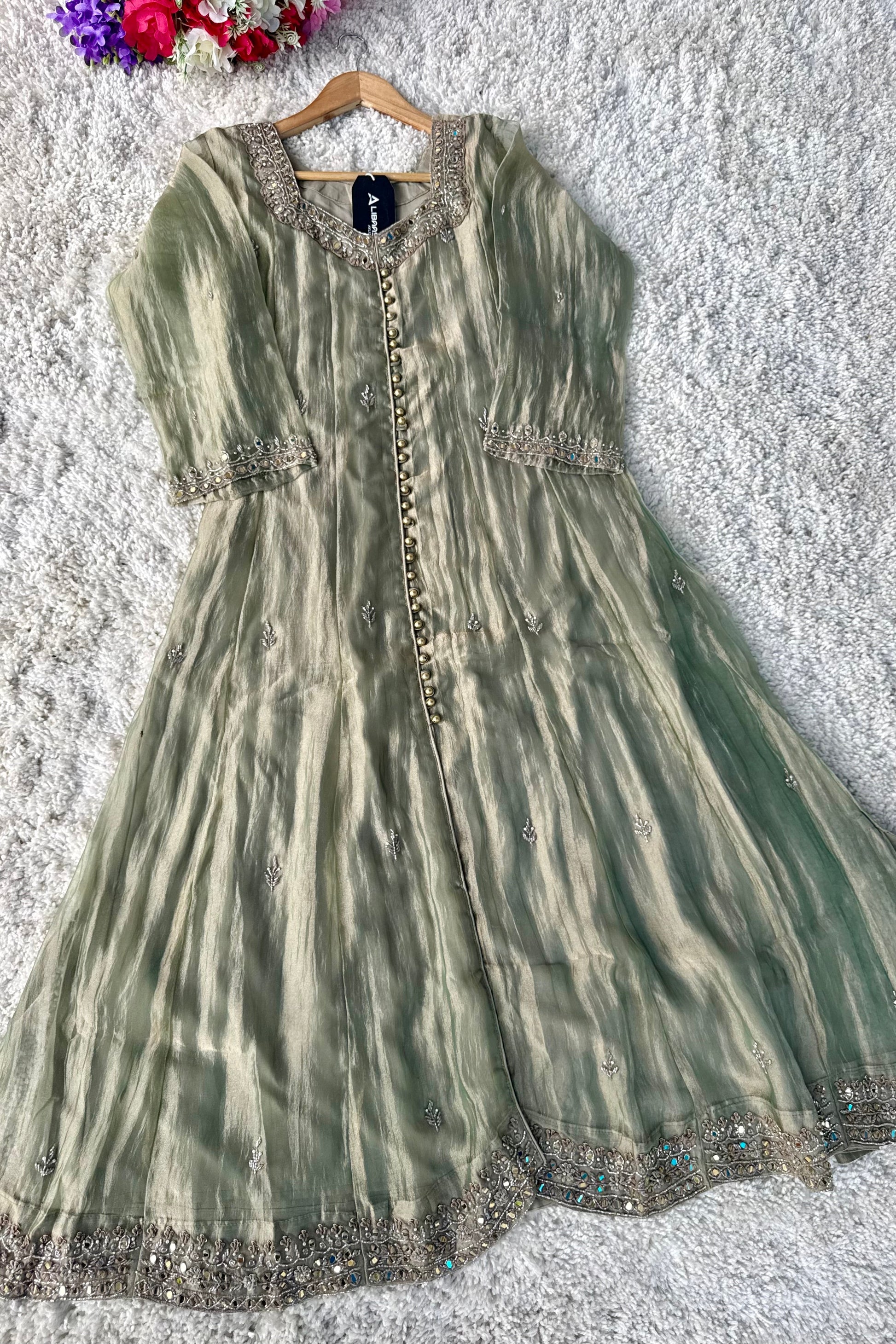✨Aiyana- Crushed Tissue Heavy Handwork Anarkali Suit