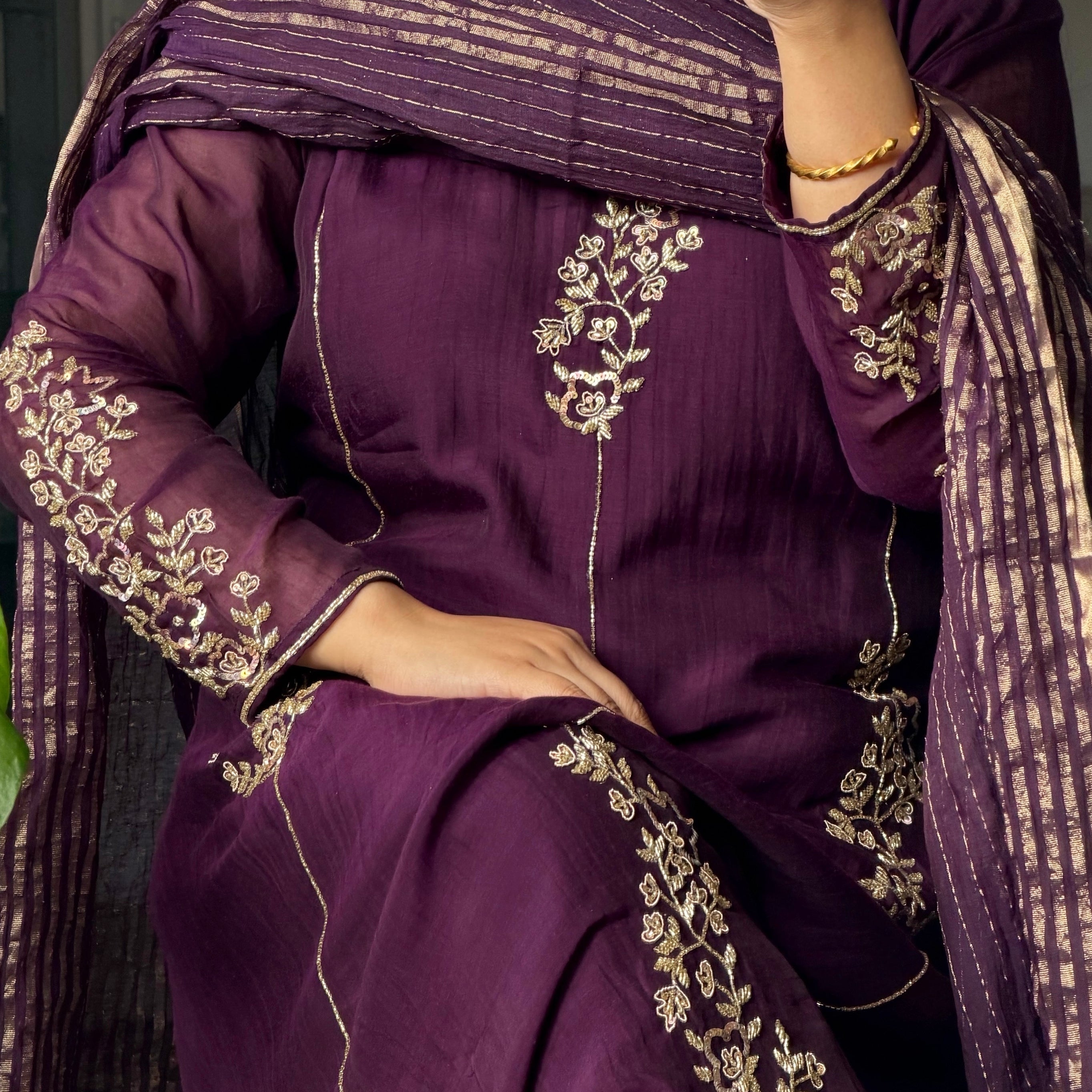 ✨Rida - Premium Purple Mul Chanderi A-Line Kurta Set