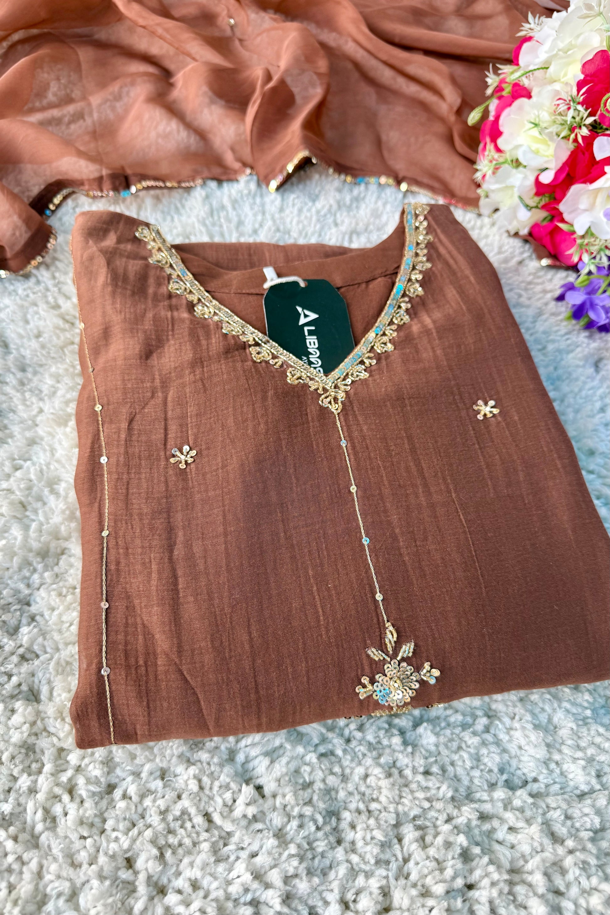 ”Grace- Premium Rich Brown Mul Chanderi Kurta Set 🛍️