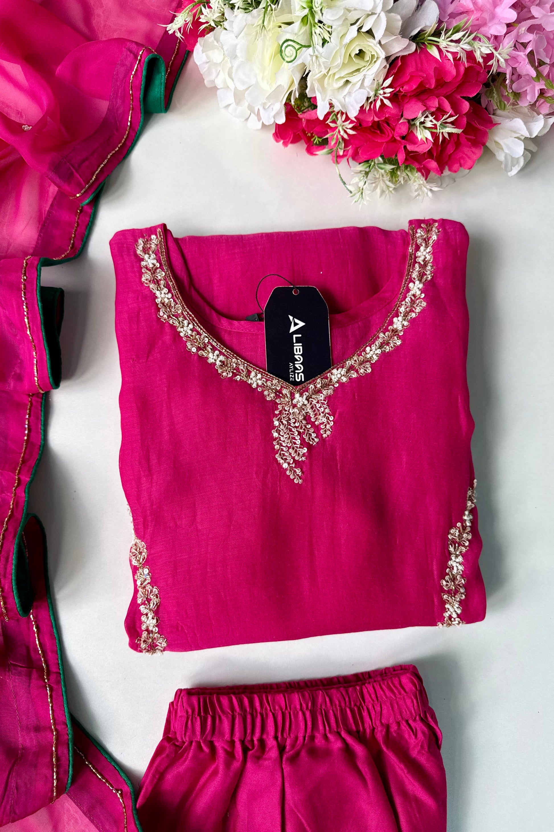 ✨”Maya - Premium Pink Mul Chanderi A-Line Kurta Set