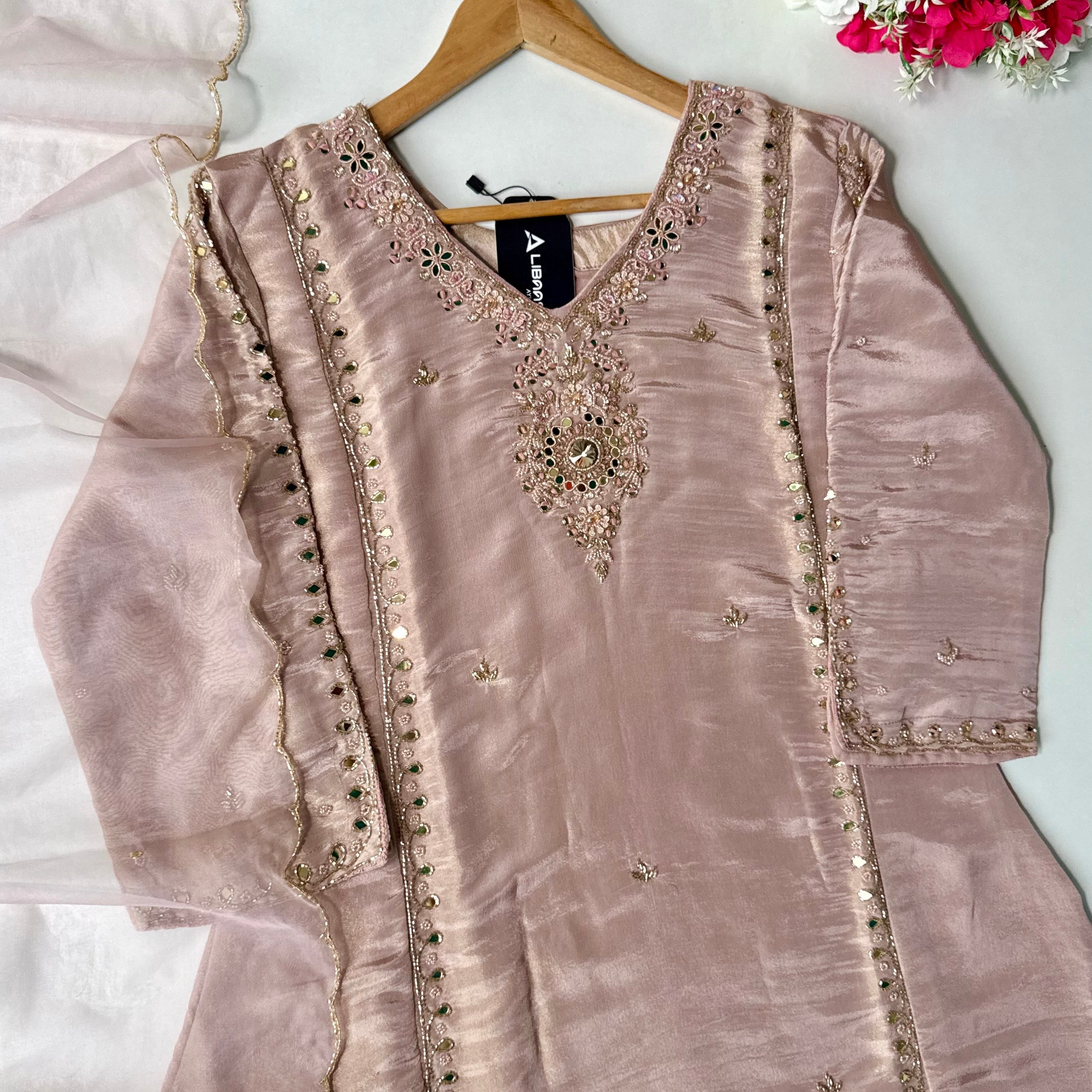 ✨Pearl – Premium Blush Mirror Work Tissue A Line Kurta Set