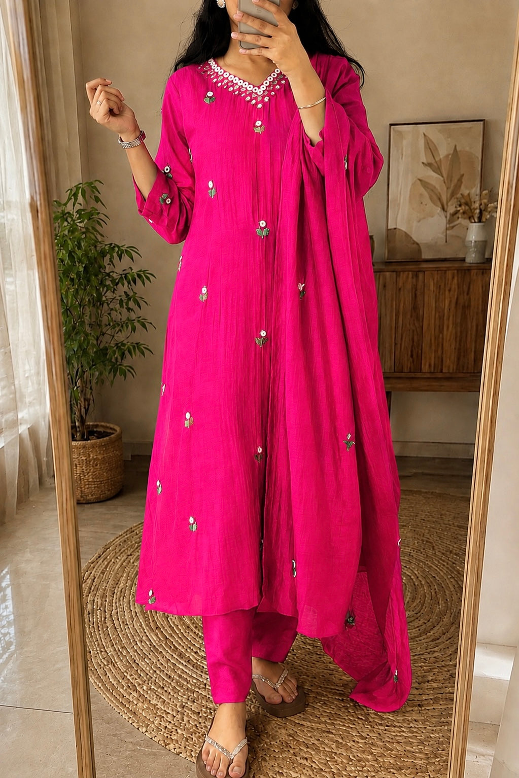 ✨”Ruby - Premium Pink Mul Chanderi A-Line Kurta Set