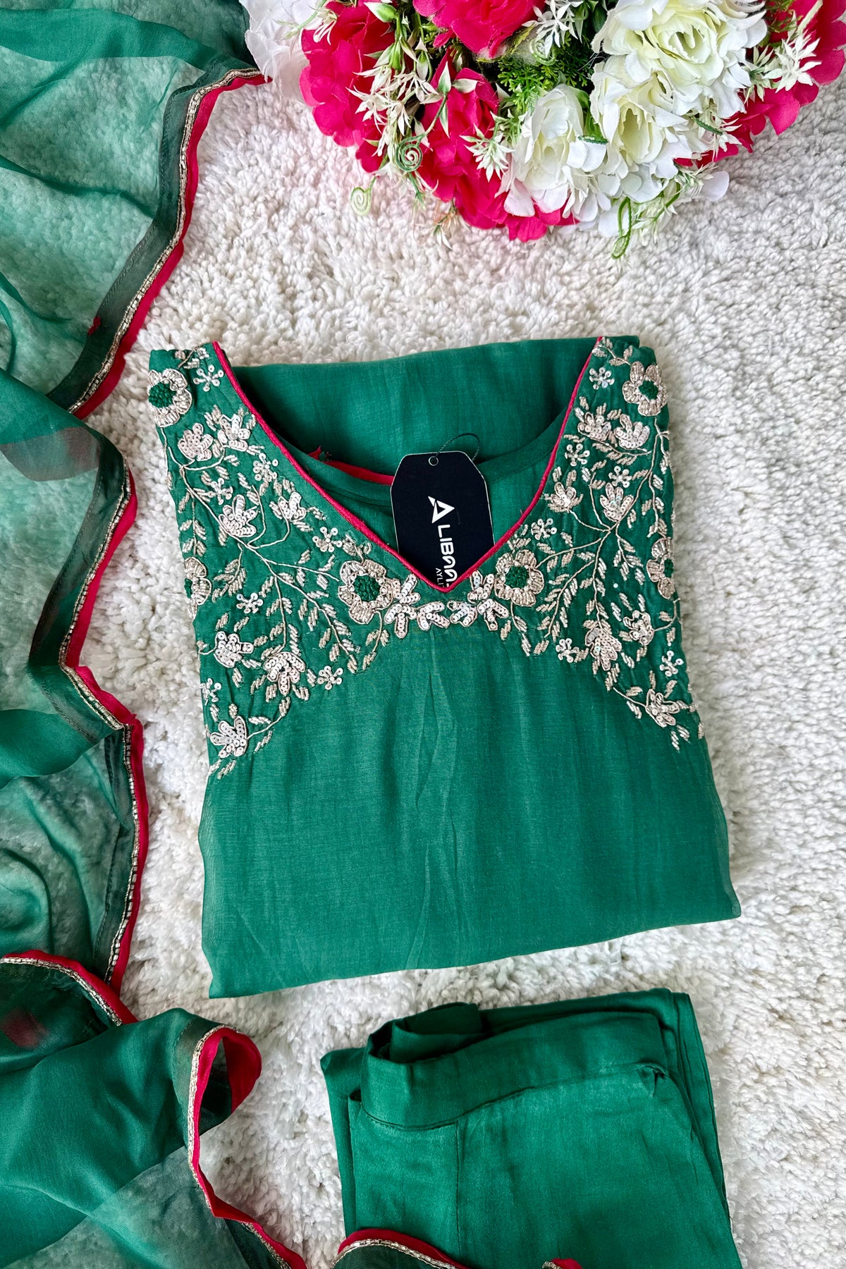 ✨Myra - Premium Green Mul Chanderi A-Line Anarkali Kurta set