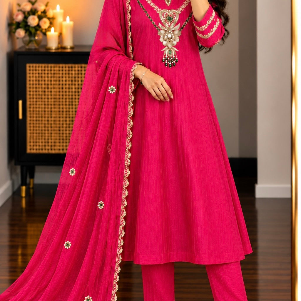“Diamond” Trending Premium Pink  Mul Chanderi A Line Suit set