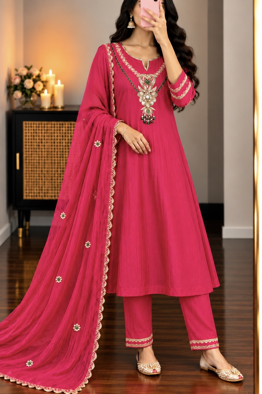 “Diamond” Trending Premium Pink  Mul Chanderi A Line Suit set