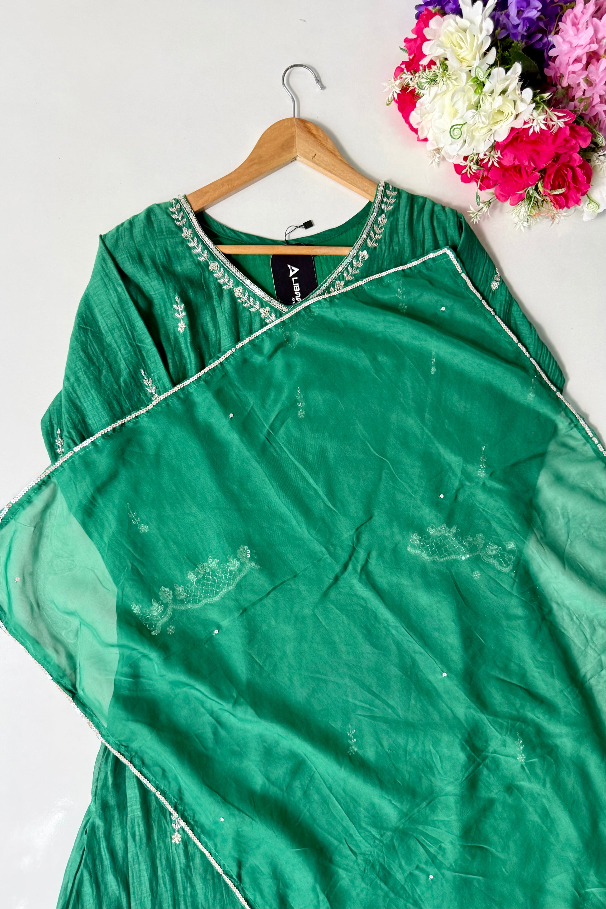 ✨”Eshal - Premium Green Mul Chanderi A-Line Kurta Set