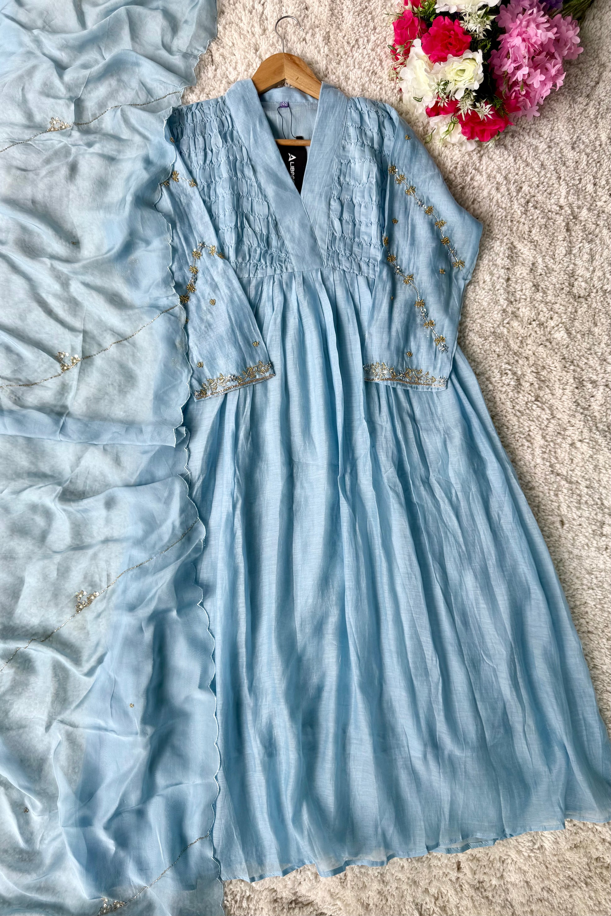 ✨Umang- Premium Blue Mul Chanderi Anarkali Kurta Set