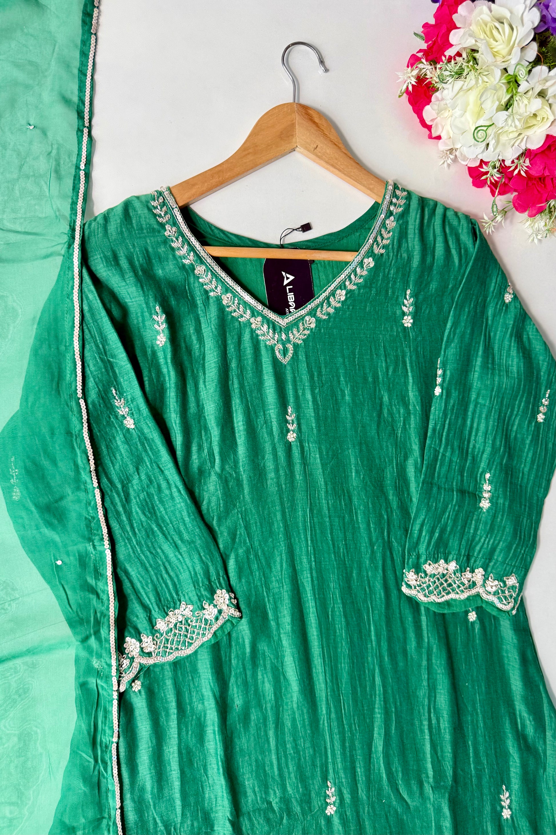 ✨”Eshal - Premium Green Mul Chanderi A-Line Kurta Set