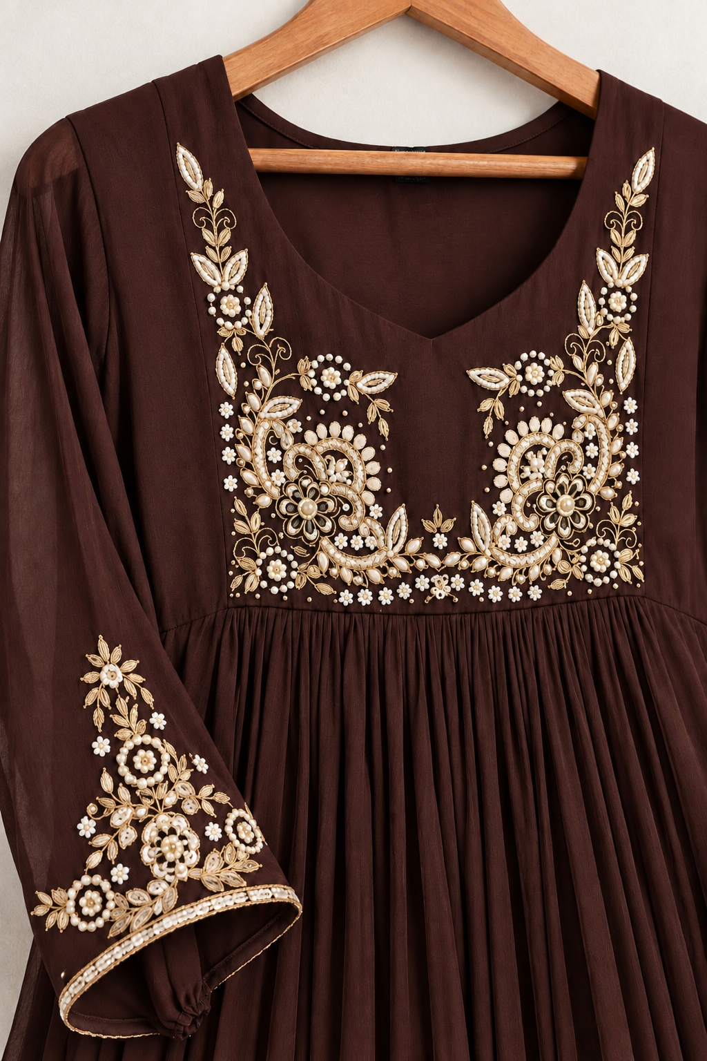 “Saanvi” Brown Chinon Anarkali Kurti Pant With Dupatta Set