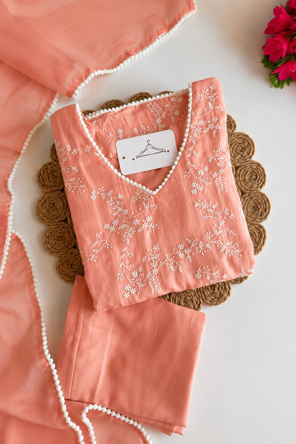 “Elina” Blush Peach Crushed Chanderi A Line Suit set 🛍️