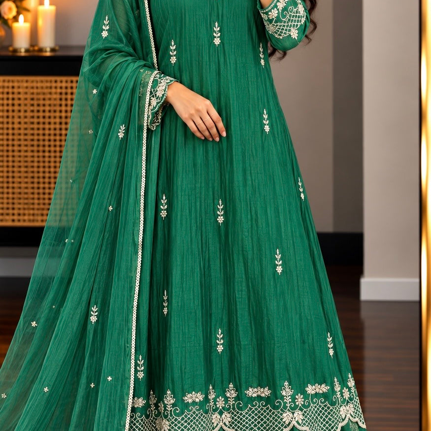 ✨Eshal - Premium Green Mul Chanderi A-Line Kurta Set