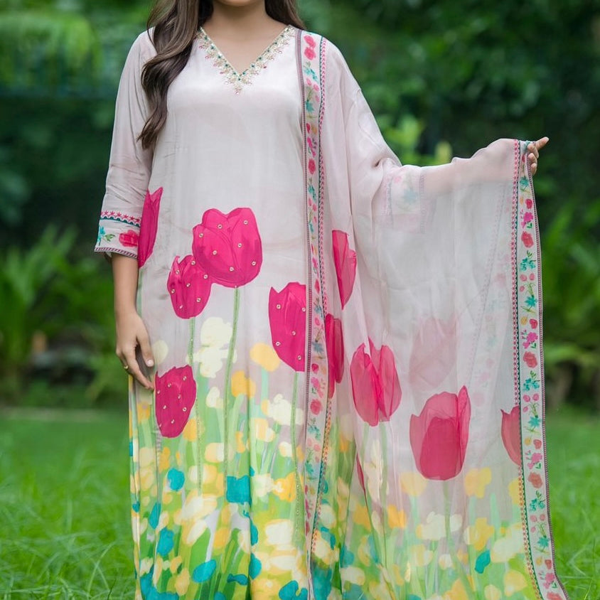 “Beauty ” Crepe Silk V neck kurti bottom with dupatta set 🛍️