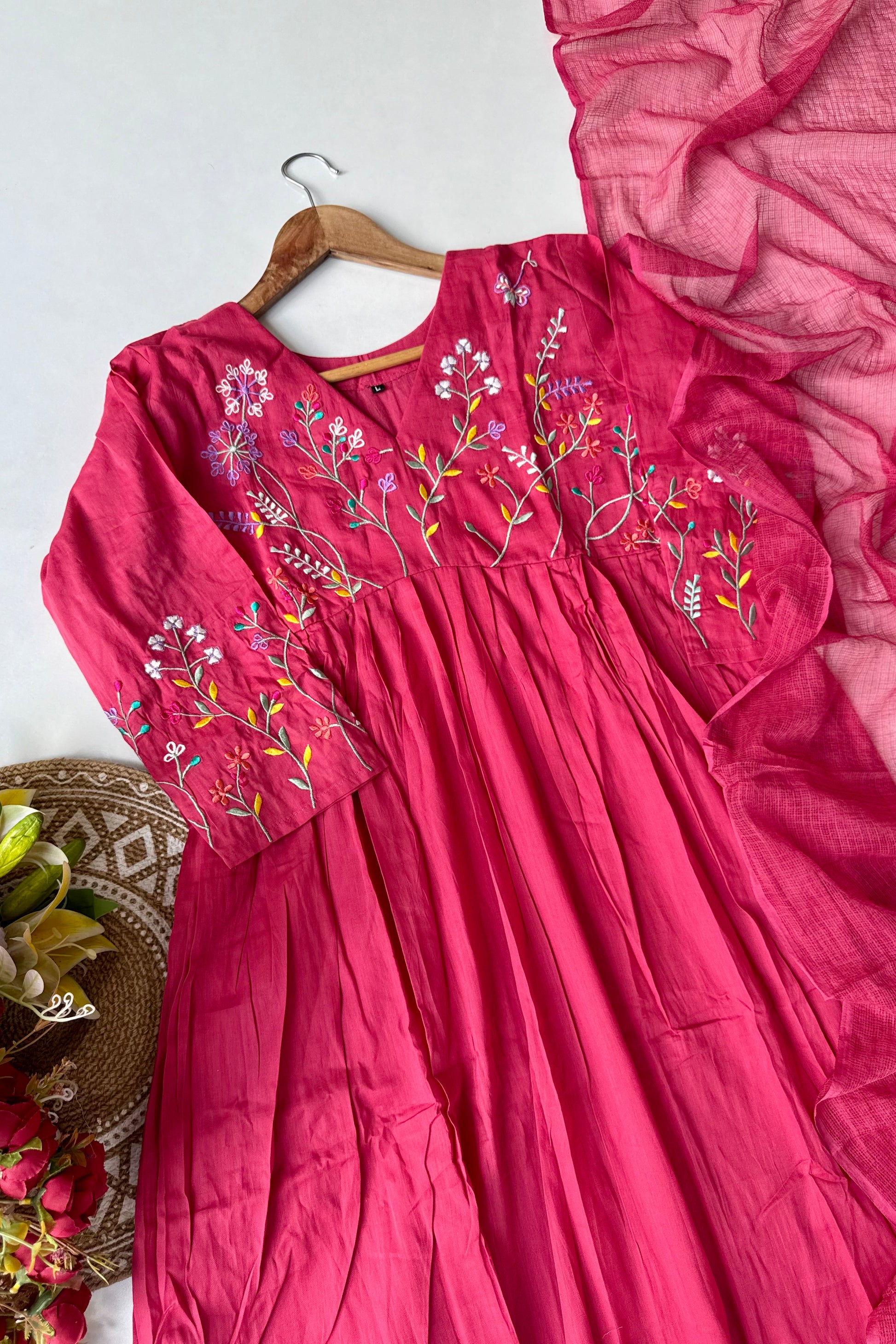 “Ziva” Beautiful Mul Cotton Embroidered Anarkali Kurta Set