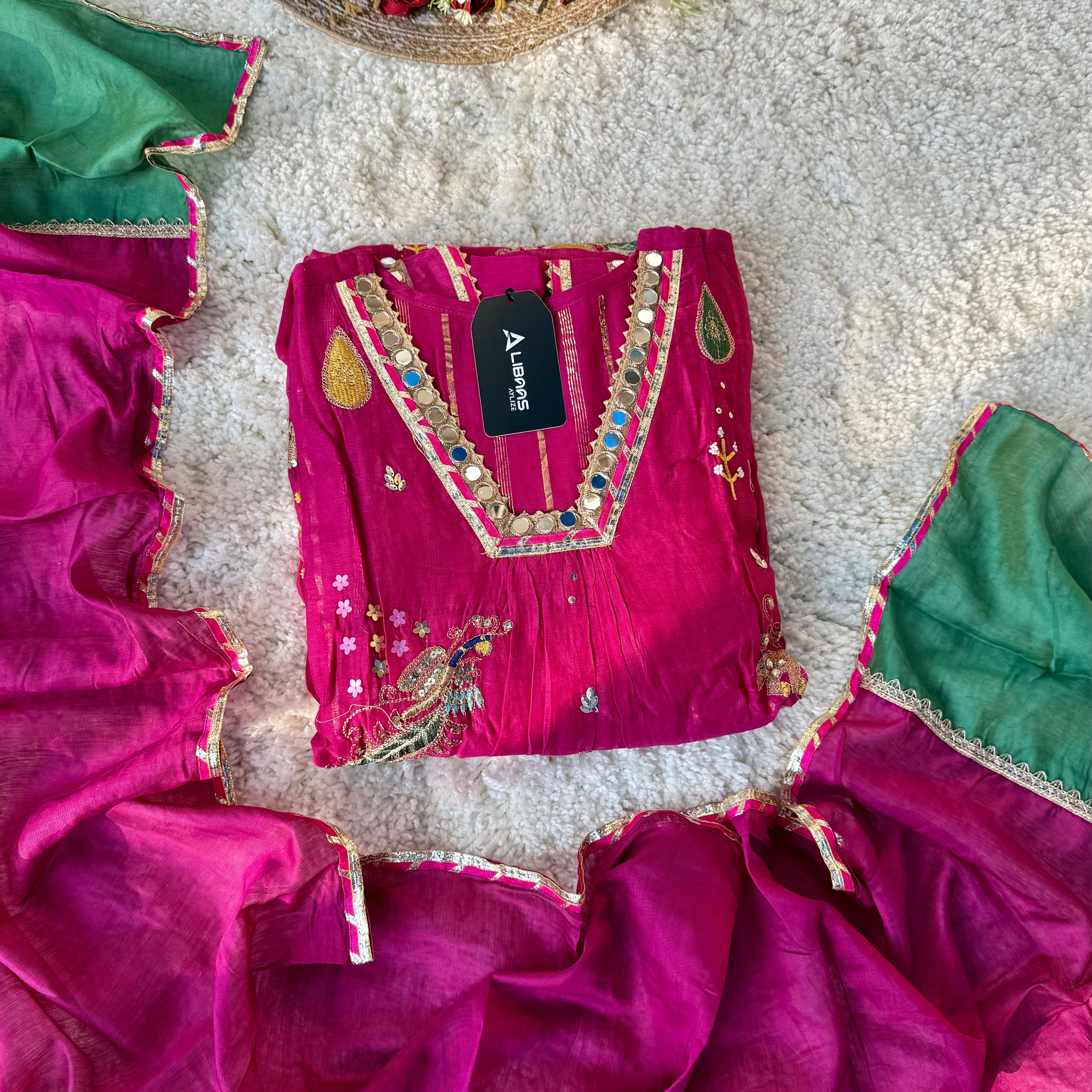 “Fuchsia” Trending Mul Chanderi Heavy Handwork A Line Suit Set