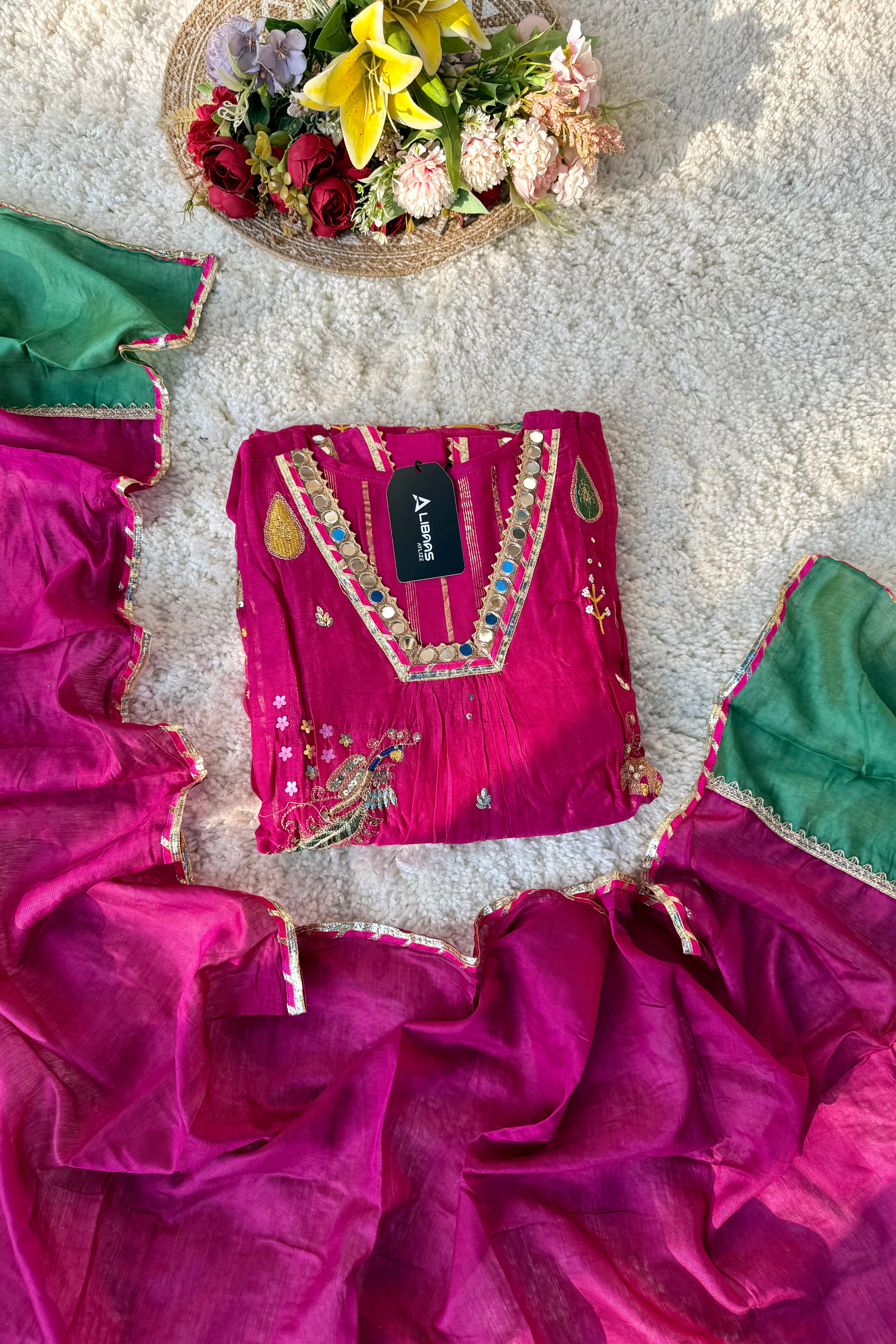 “Fuchsia” Trending Mul Chanderi Heavy Handwork A Line Suit Set