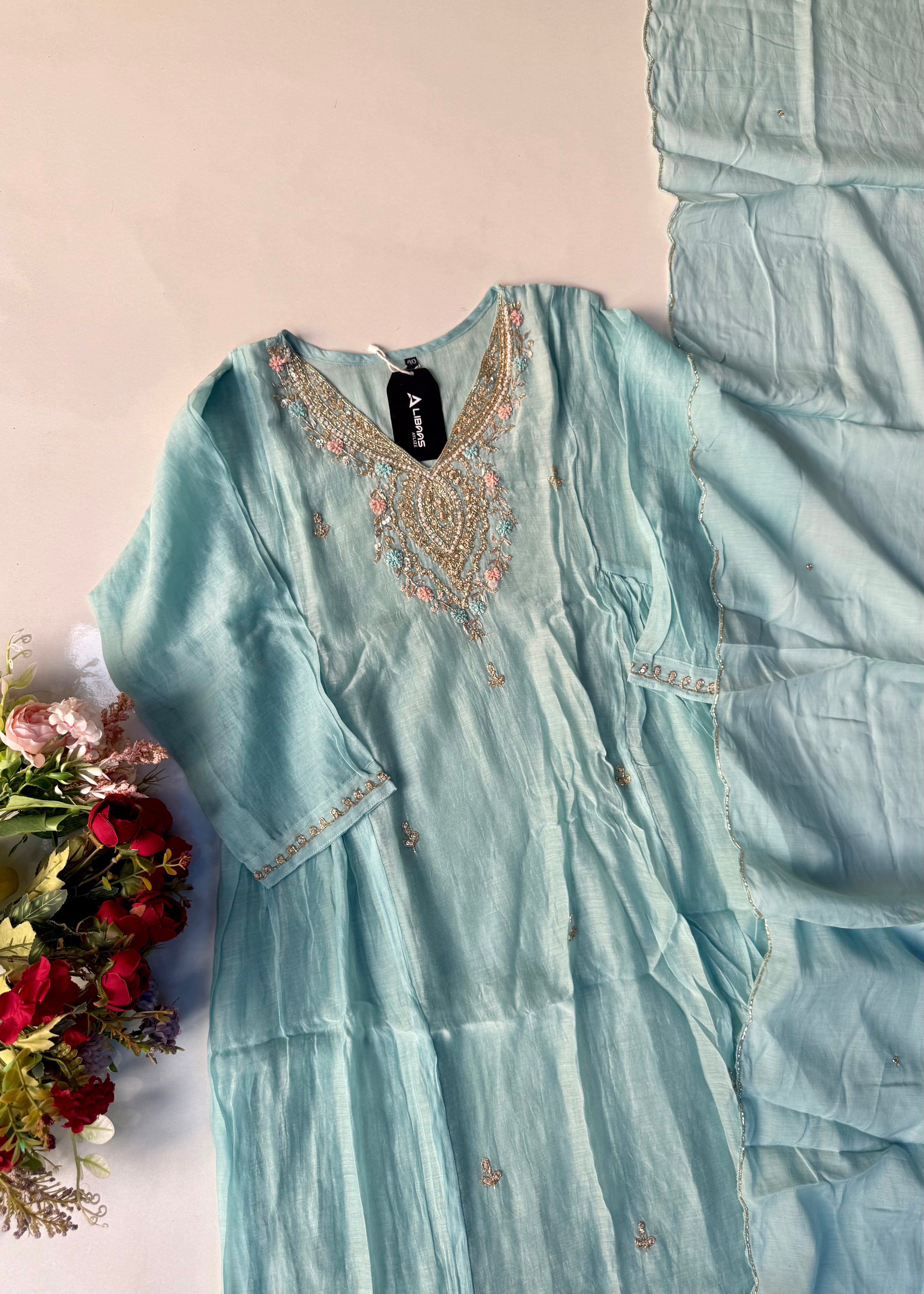 “Ziva” Pure Mul-Chanderi Party wear A Line suit set