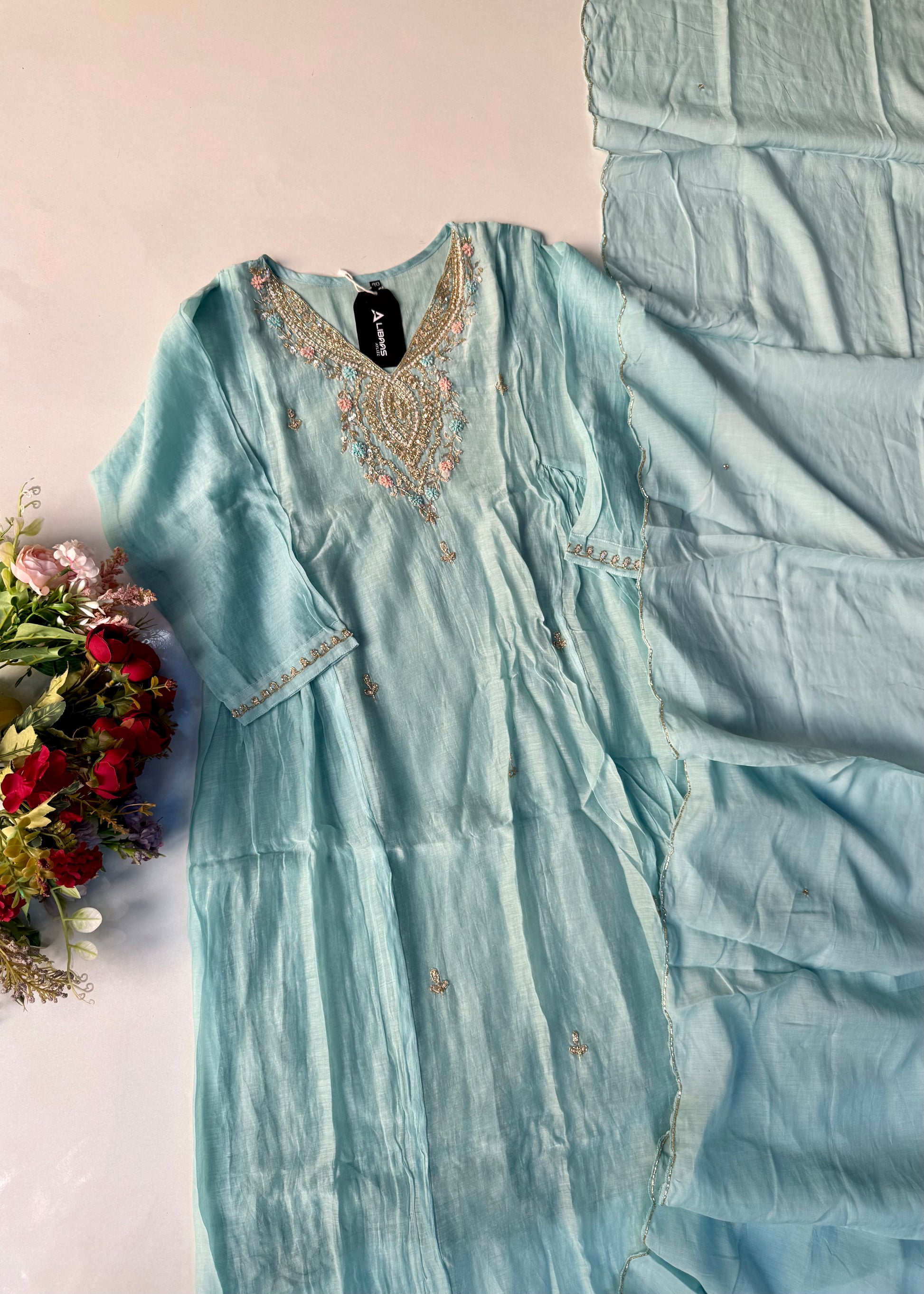 “Ziva” Pure Mul-Chanderi Party wear A Line suit set