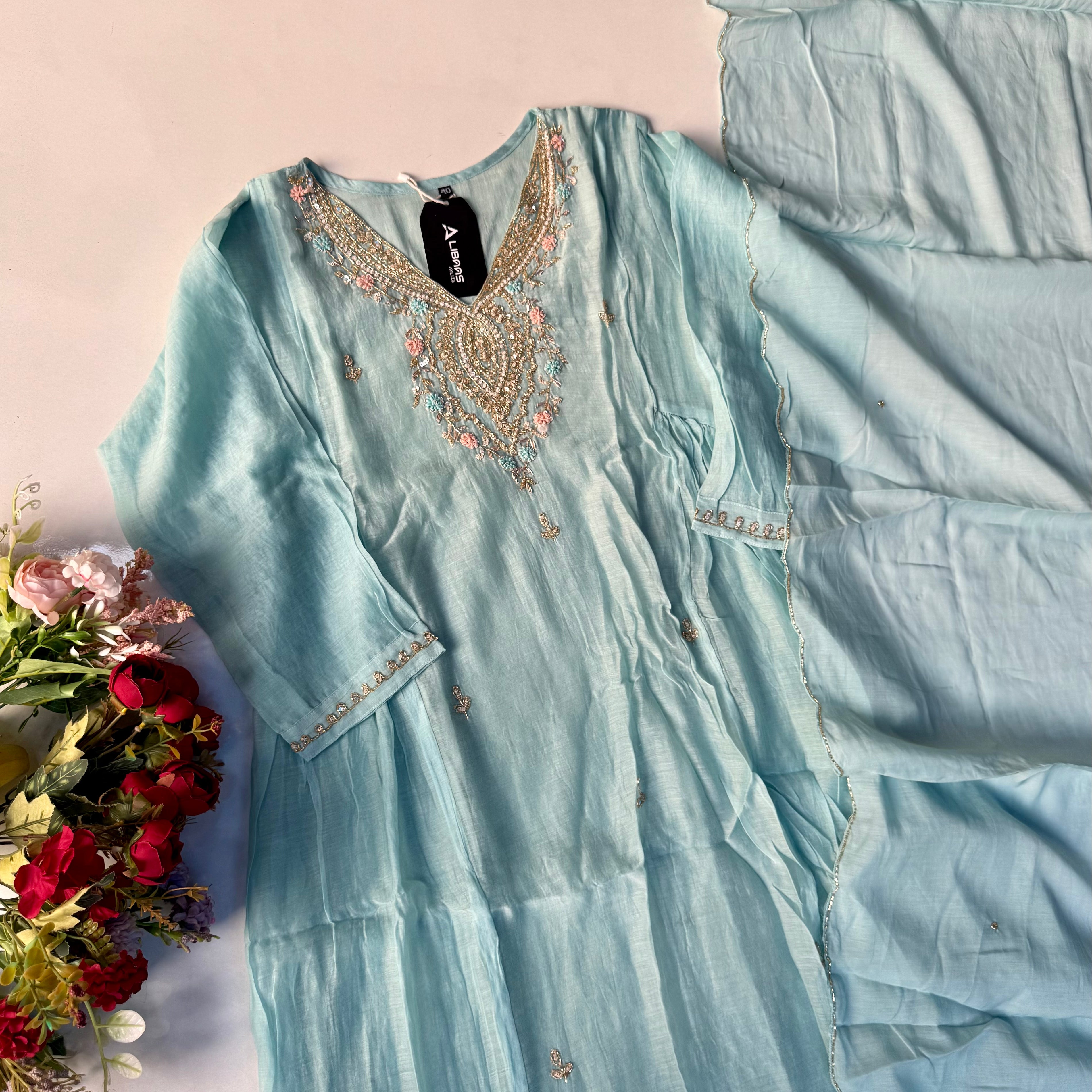 “Ziva” Pure Mul-Chanderi Party wear A Line suit set