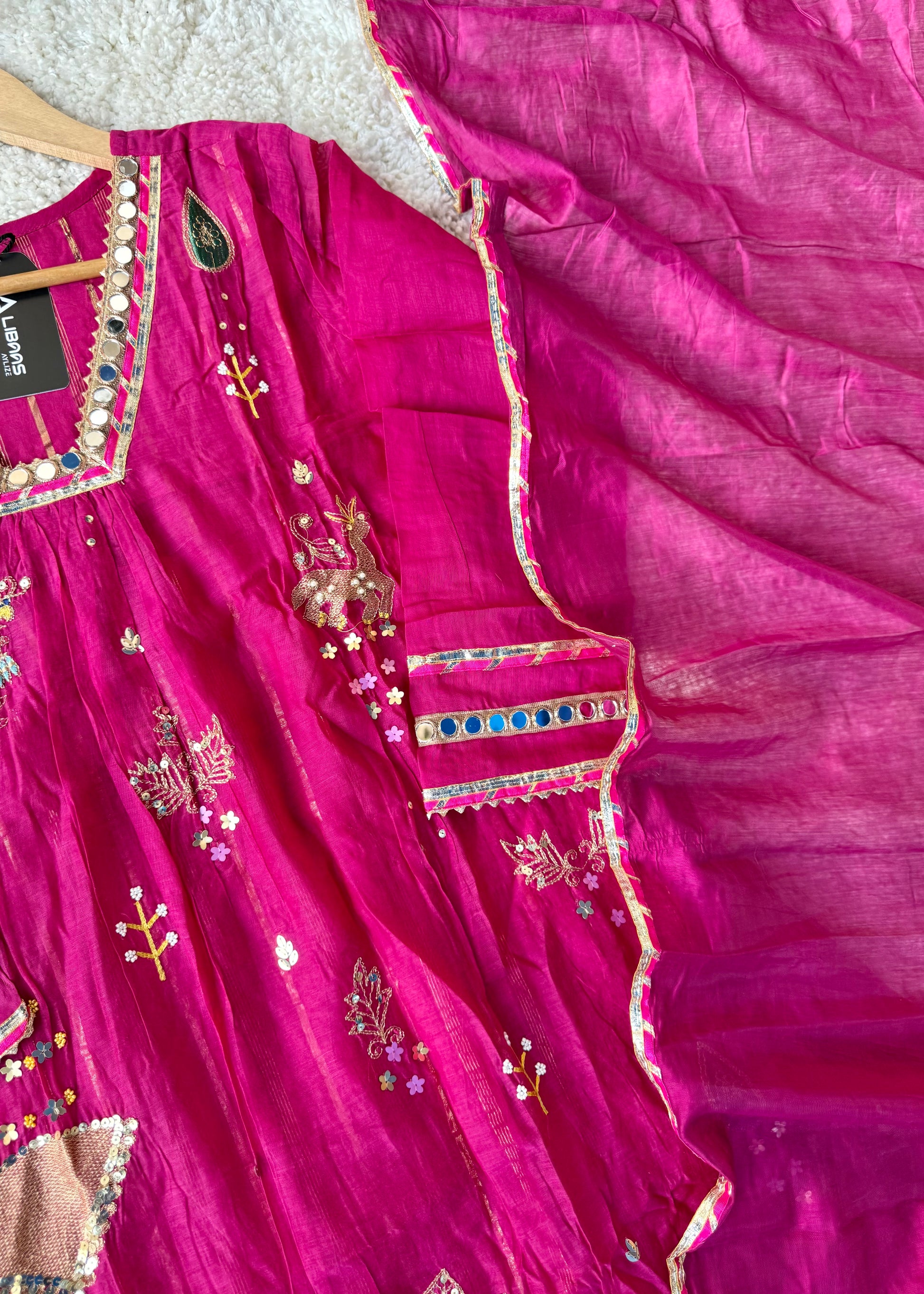 “Fuchsia” Trending Mul Chanderi Heavy Handwork A Line Suit Set