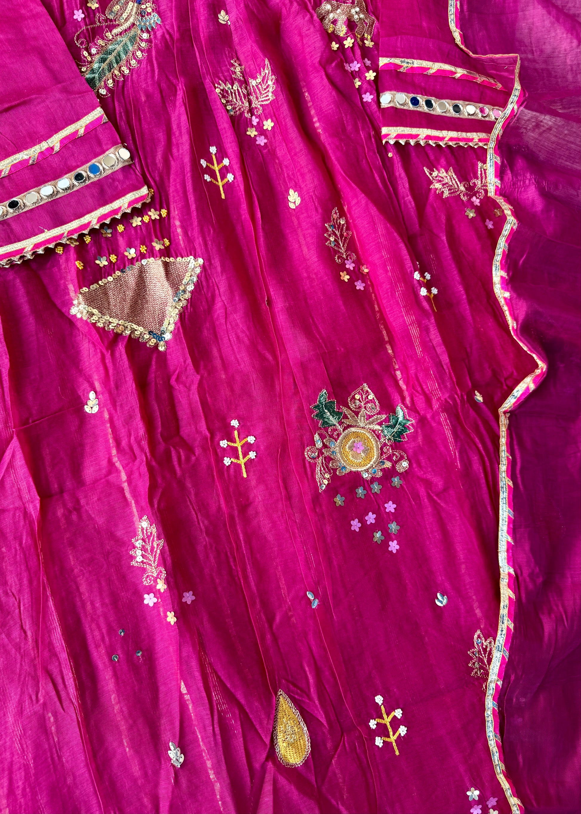 “Fuchsia” Trending Mul Chanderi Heavy Handwork A Line Suit Set