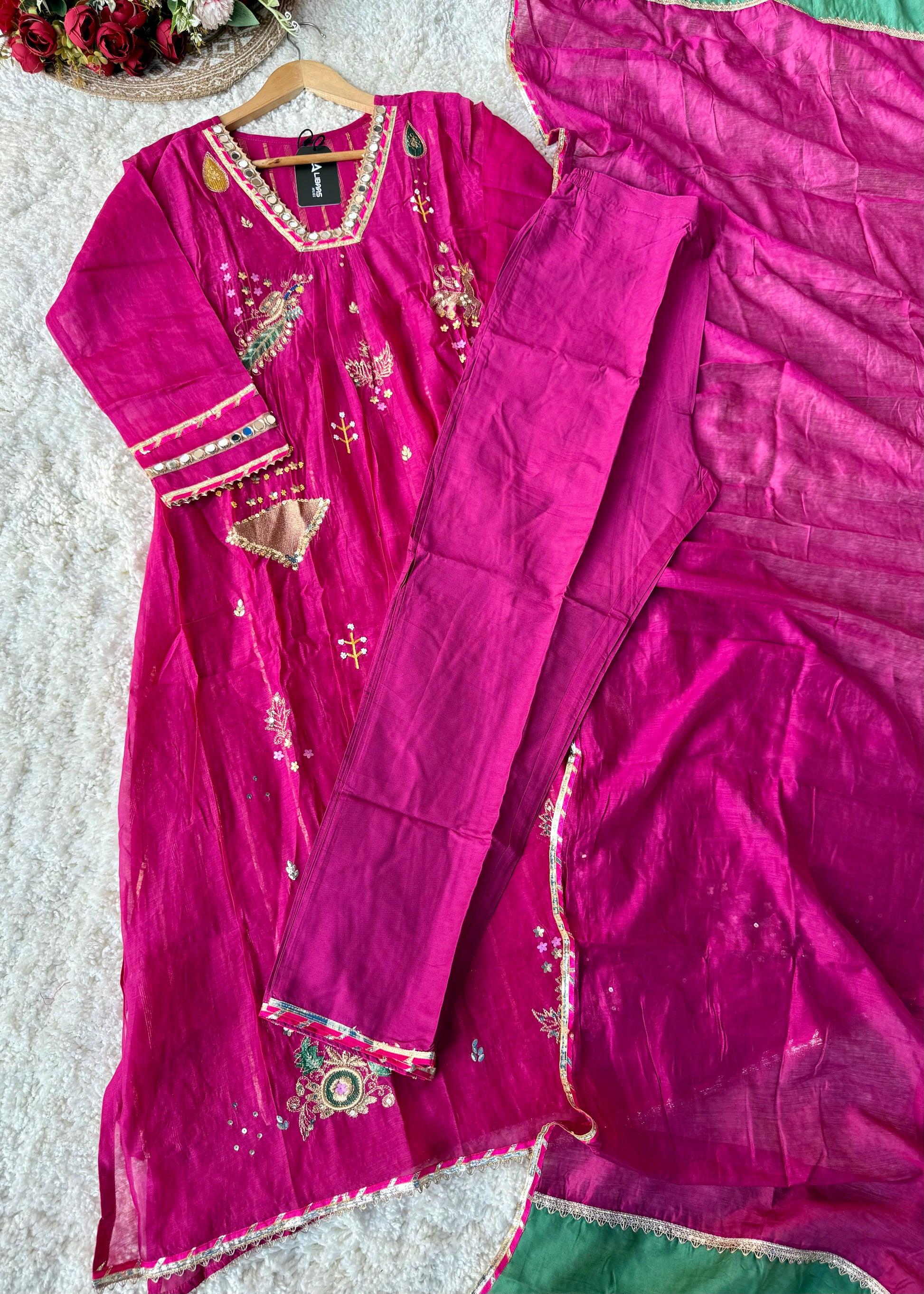 “Fuchsia” Trending Mul Chanderi Heavy Handwork A Line Suit Set