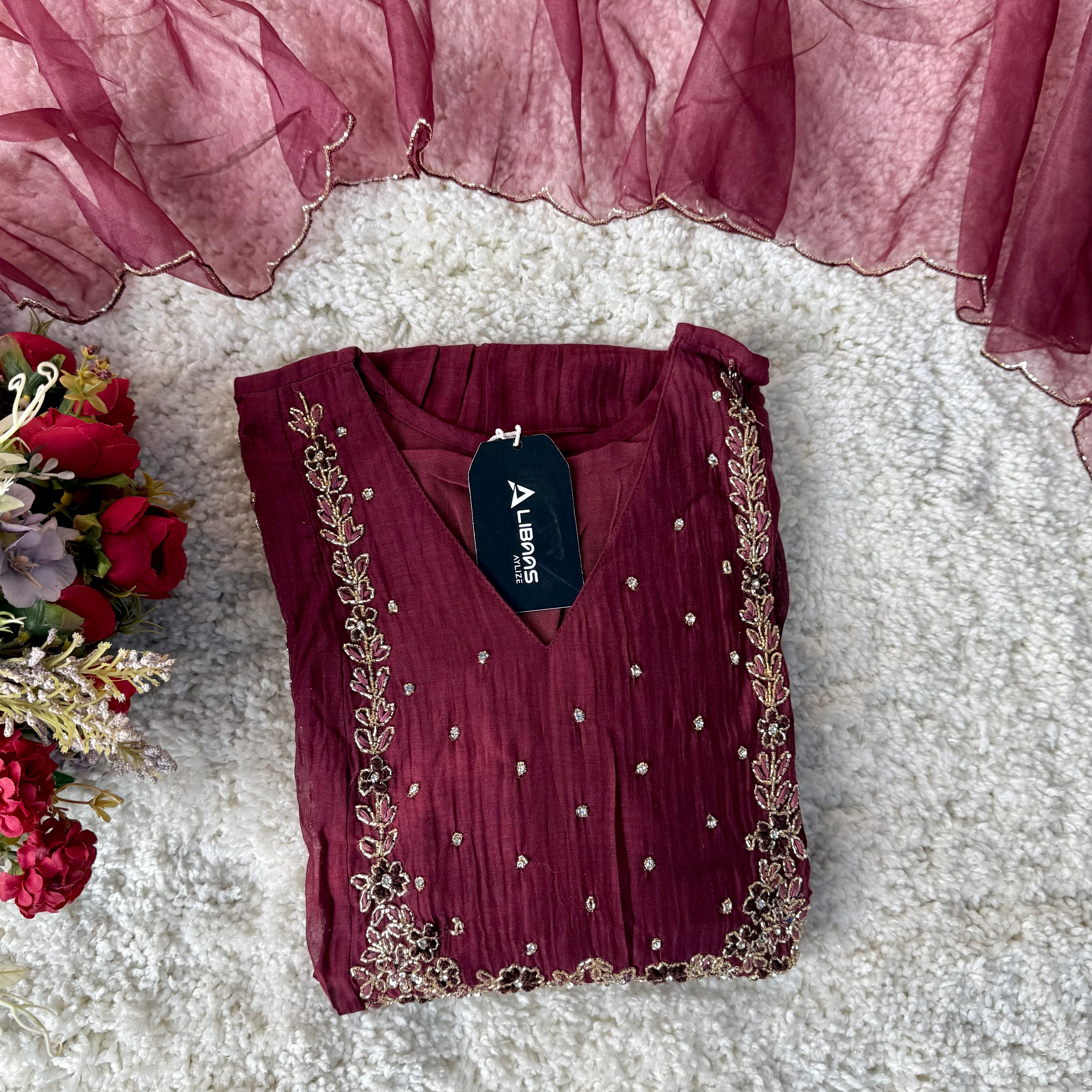 “Ayza” Pre book Premium Maroon Mul Chanderi A Line Suit set 🛍️