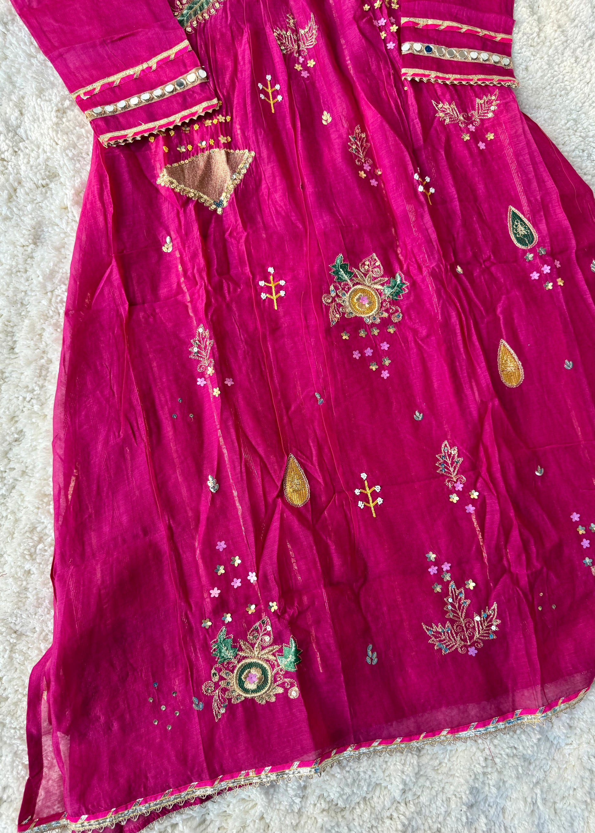 “Fuchsia” Trending Mul Chanderi Heavy Handwork A Line Suit Set